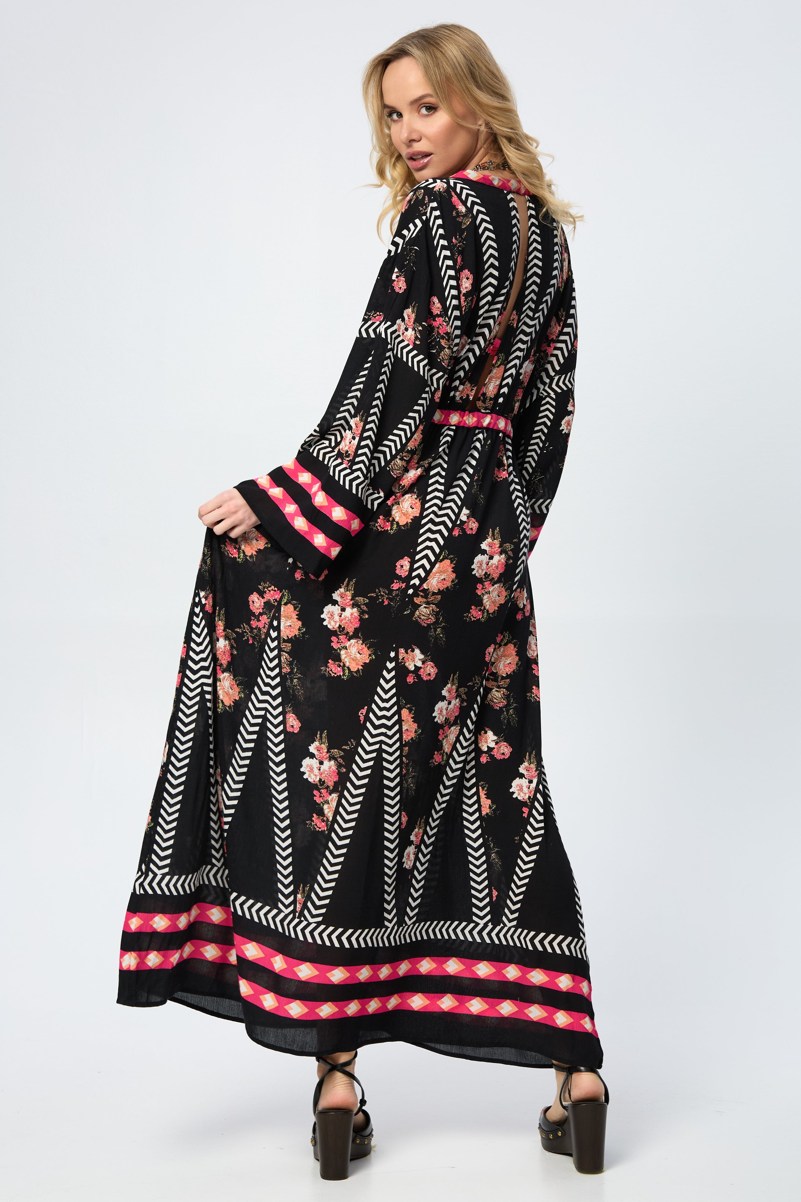 Aztec Floral Keyhole Kaftan Dress - Boho Chic Maxi Dress for Women - Perfect for Beach, Vacation & Summer Outfits