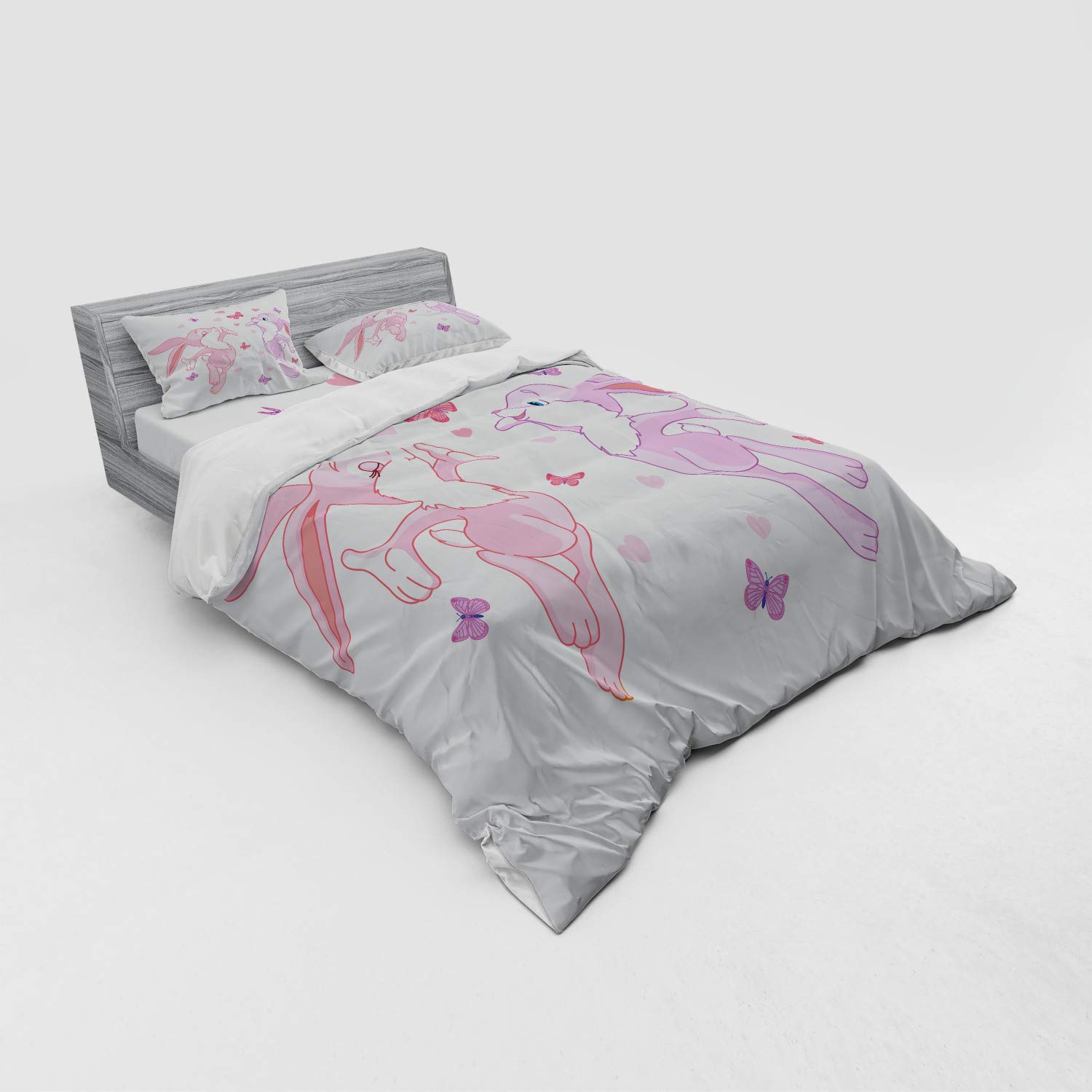 Ambesonne Butterfly Duvet Cover Set - 4 Piece Queen Size with Shams & Fitted Sheet, Pink Purple Valentine Bunnies Kissing Design with Love Hearts & Butterflies - Perfect for Romantic Bedrooms, Guest Rooms & Spring Decor