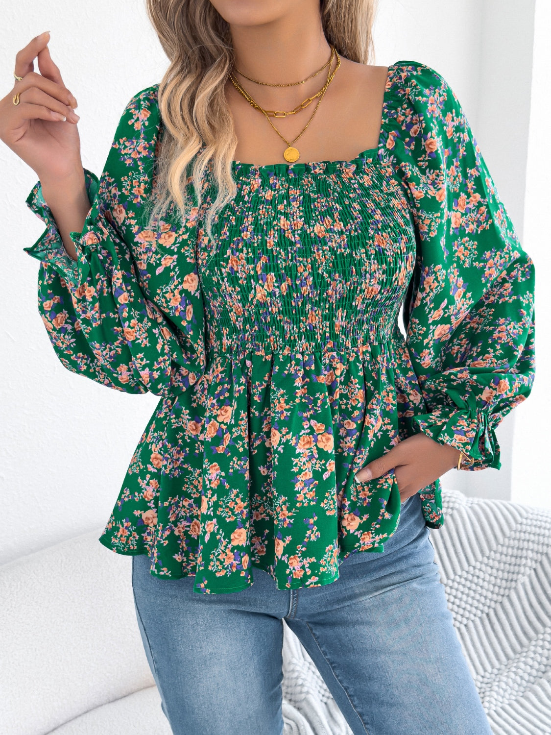 Floral Square Neck Flounce Sleeve Blouse for Women | Elegant Spring Summer Tops | Perfect for Office, Date Night & Special Occasions
