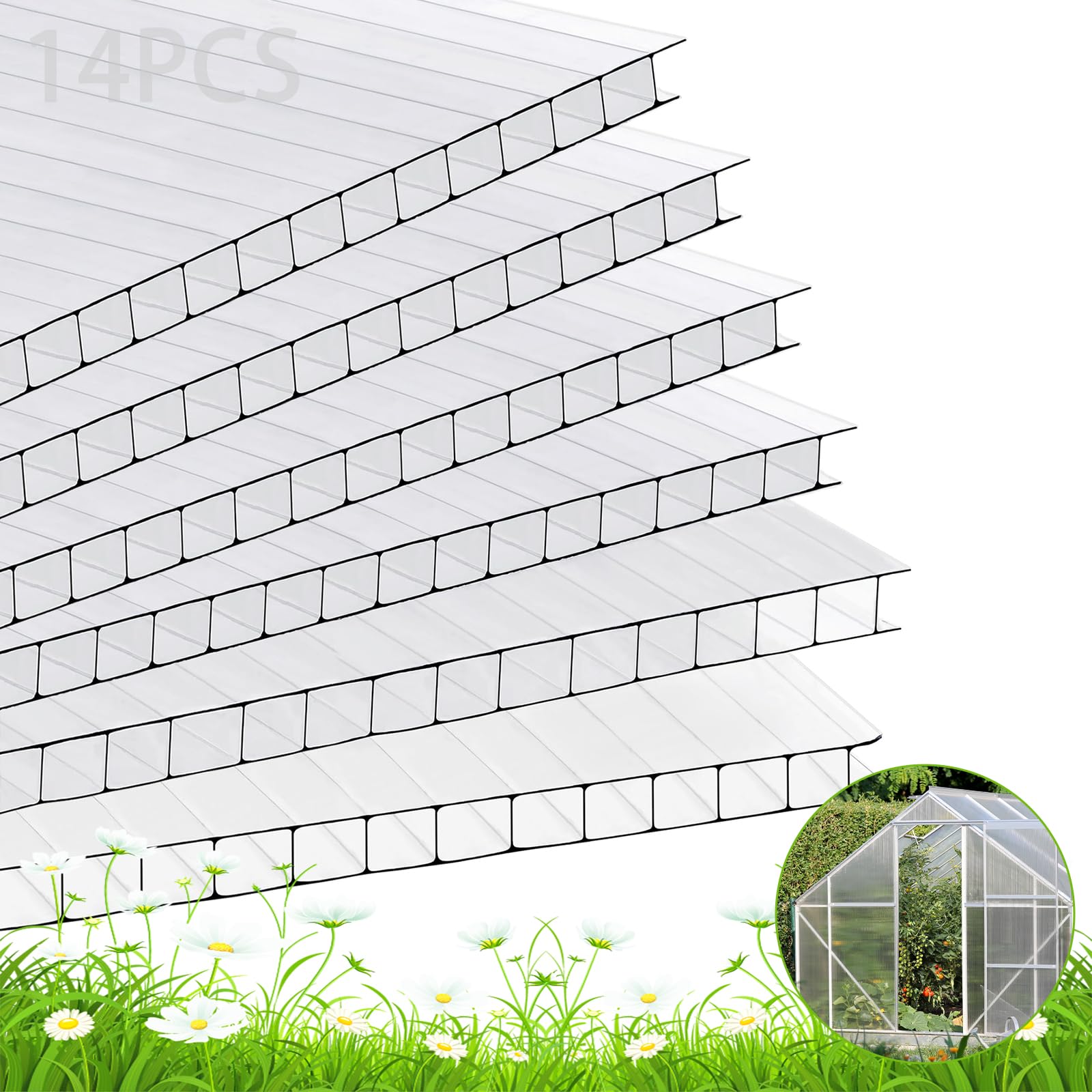 14 Pcs 4' x 2' Twin-Wall Polycarbonate Greenhouse Panels - 0.32'' Thick Clear Roofing Sheets for Outdoor Garden, Plant Stand & DIY Greenhouse Projects - Weatherproof & UV Protected for Year-Round Gardening