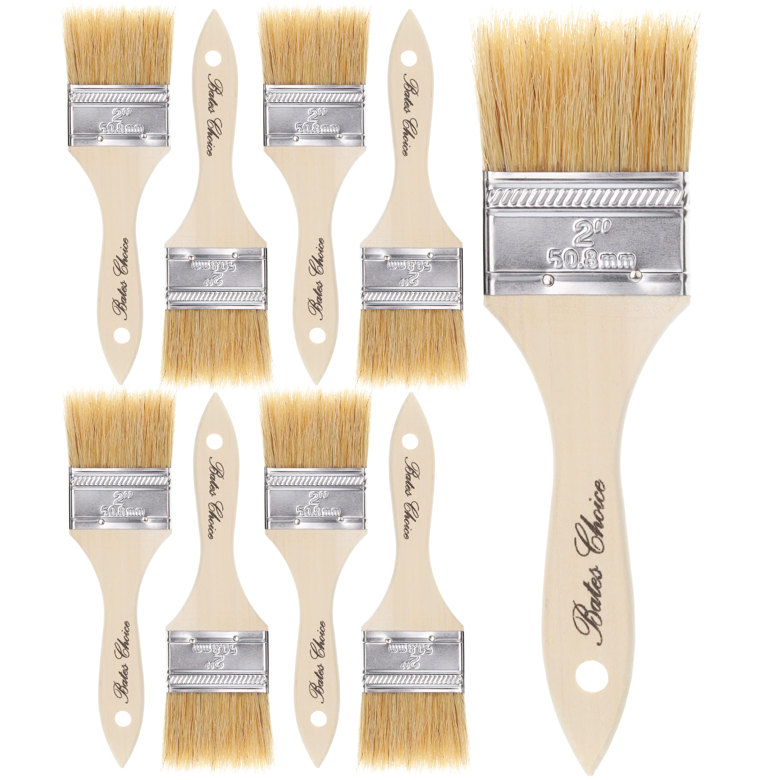 Bates 2 Inch Natural Bristle Chip Paint Brushes - 9 Pack for Wood Staining, Painting & DIY Projects - Perfect for Furniture, Cabinets & Home Renovation