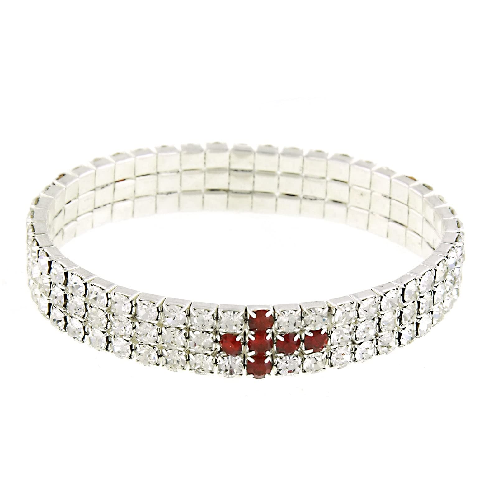 1928 Red Rhinestone Cross Stretch Bracelet for Women - Elegant Adjustable Religious Jewelry Gift for Church, Weddings & Everyday Wear