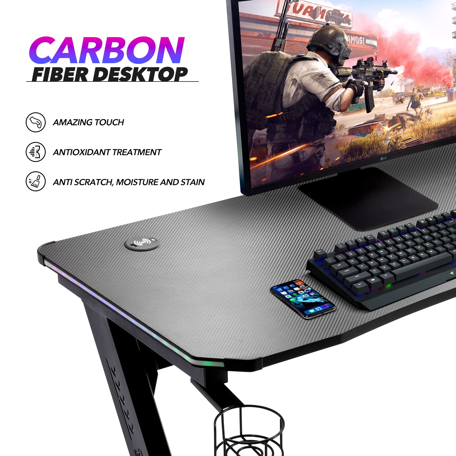 S*MAX 47 Inch Gaming Desk with LED RGB Lights, Carbon Fiber Finish, Wireless Charging & USB Ports - Z-Shaped Computer Desk for Home Office, Cup Holder & Headphone Hook - Perfect for PC Gaming, Streaming & Work Setup