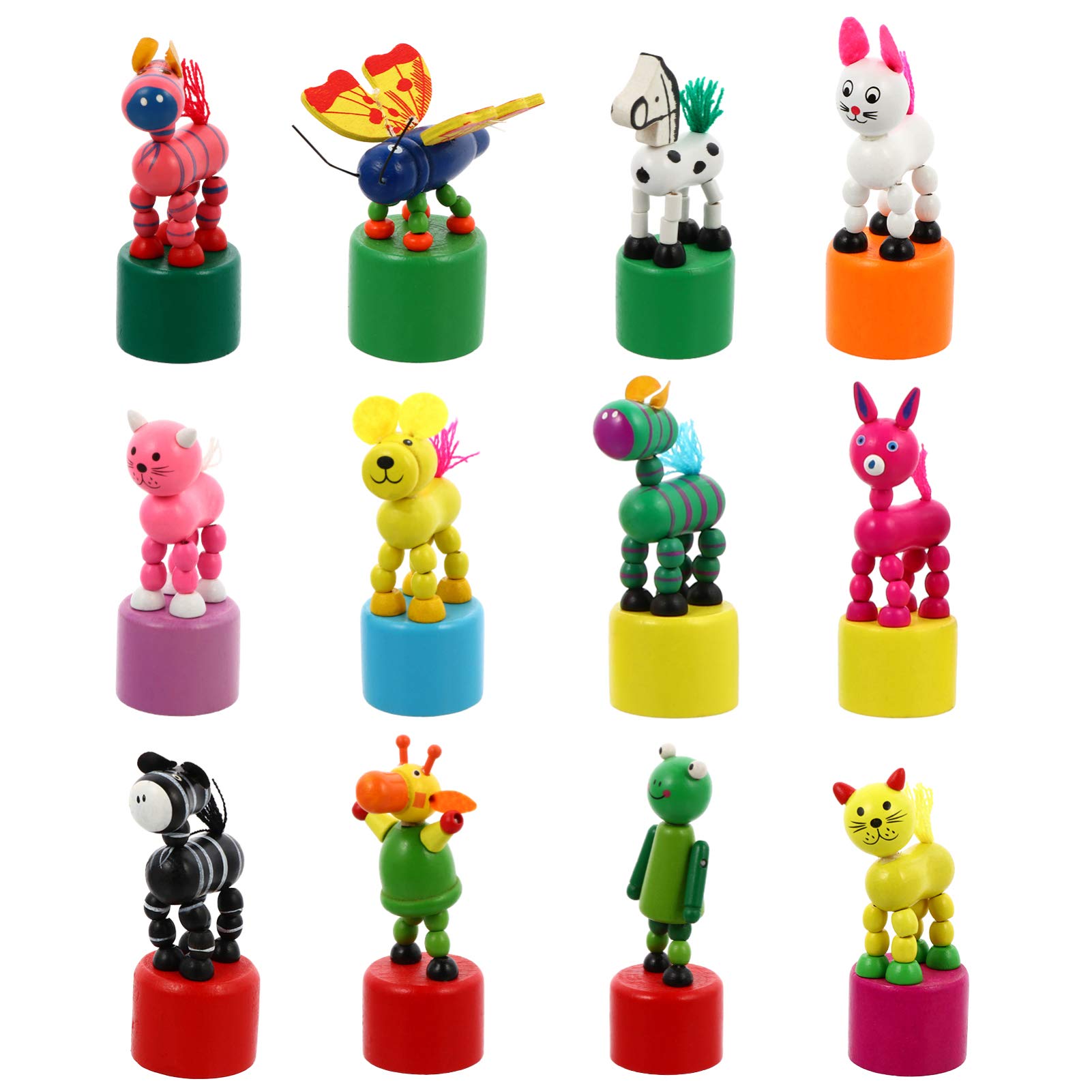 Wooden Animal Push Up Press Base Toy with Finger Puppets & Thumb Puppets - Fun Toddler Educational Toy for Kids Birthday Party Favors, Preschool Learning & Interactive Play (Random Style) - Perfect for Home, Classroom & Playdate Activities