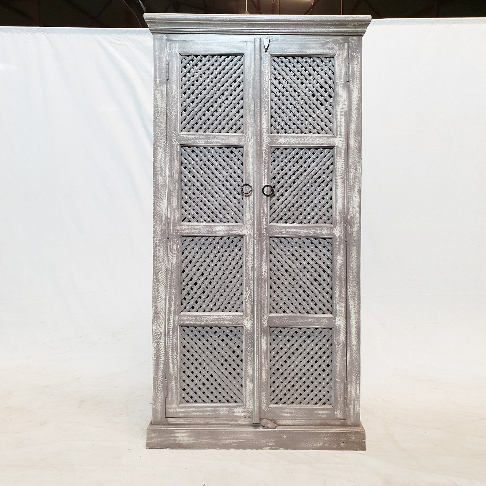 French Style Jali Carved Cabinet Pantry Cupboard - Grey & White Rustic Design (180cm) for Living Room, Dining Room & Kitchen Storage