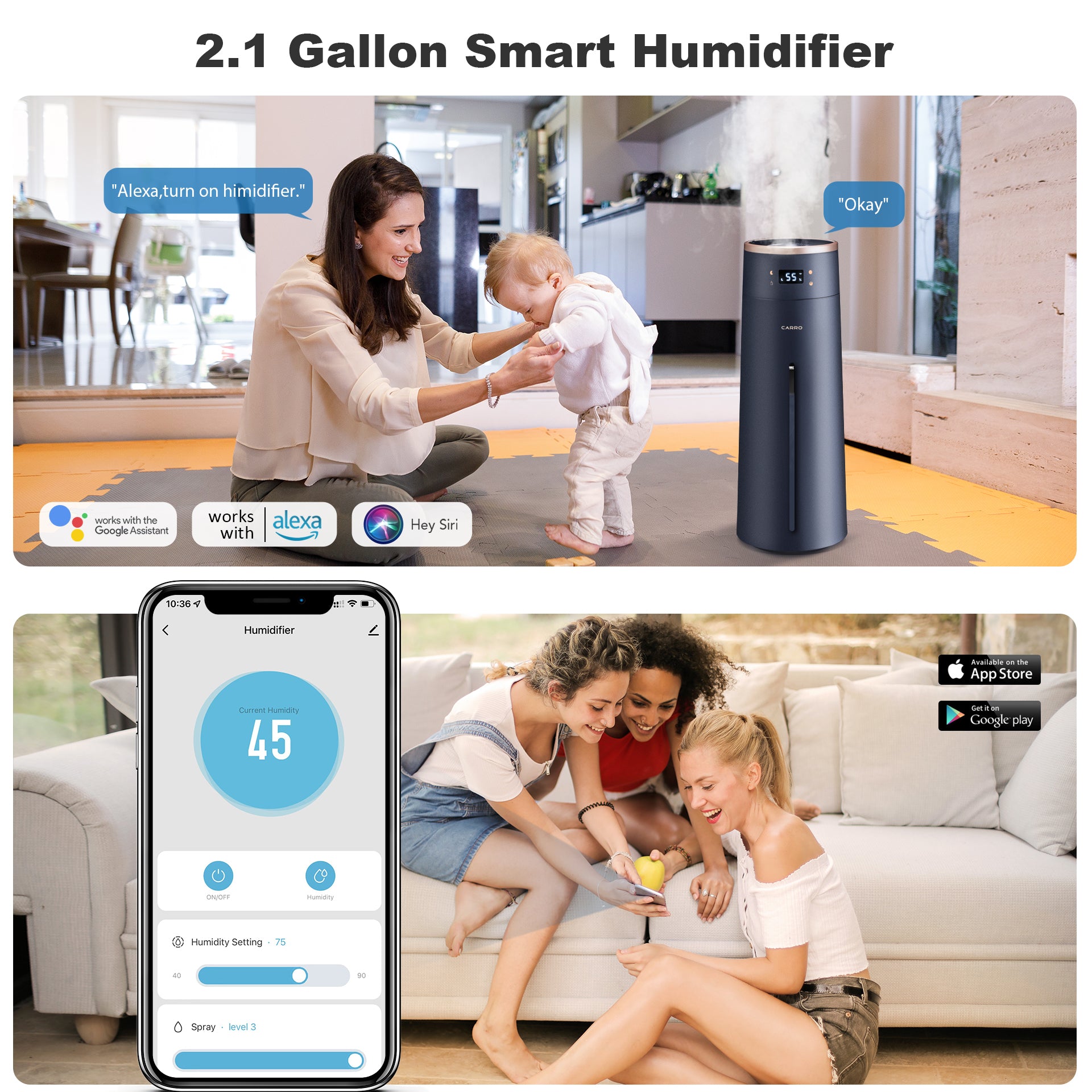 Smart Humidifier 2.1 Gal Top Fill Cool Mist - Large Room Ultrasonic Humidifier for Bedroom, Nursery & Office - Quiet Air Moisturizer for Baby, Plants & Dry Skin Relief