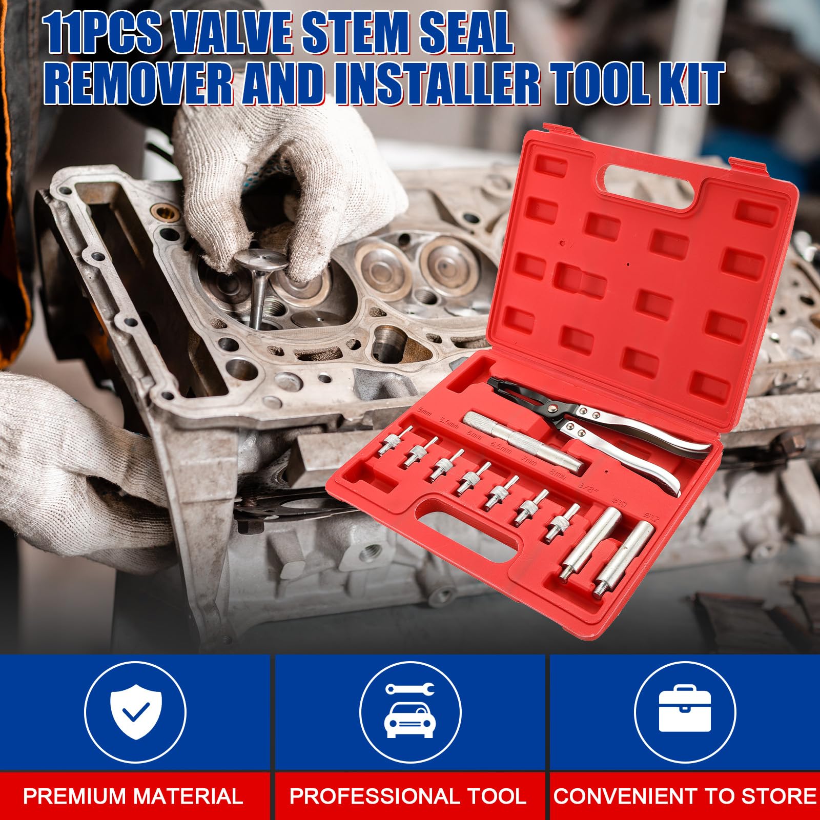 11PCS Valve Stem Seal Remover and Installer Tool Kit - Professional Pliers, Drive Handle, Sockets & Adapters for Car Engine Repair - Complete Set with Durable Carrying Case - Perfect for Mechanics & DIY Auto Maintenance