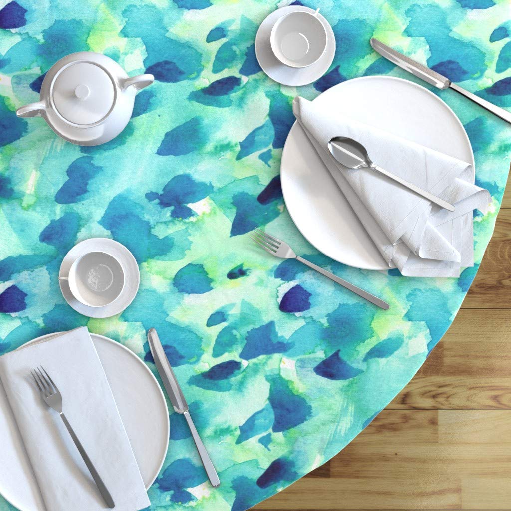 Cool Greens & Blues Abstract Watercolor Cotton Sateen Tablecloth - 90