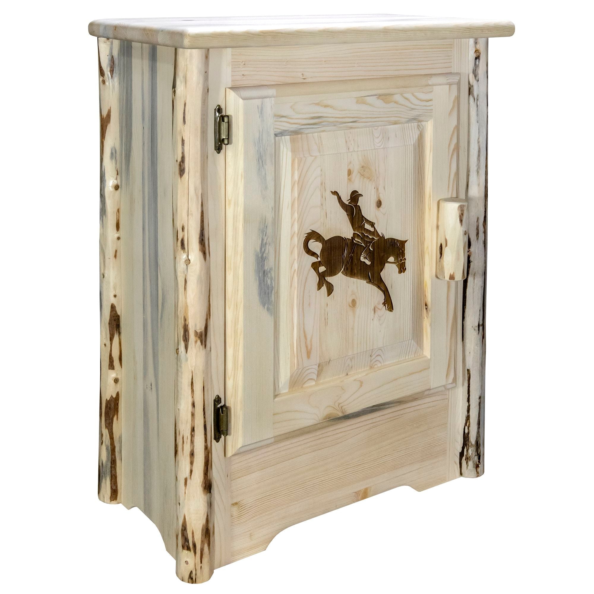 Montana Accent Cabinet with Laser Engraved Design - Left Hinged Door - Rustic Wood Side Table for Living Room, Bedroom & Entryway Storage