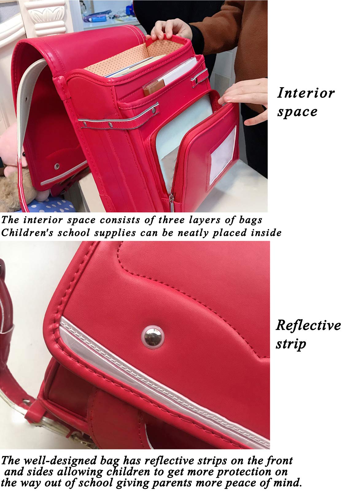 Japanese Randoseru Ransel Student Backpack - Lightweight PU Leather School Bag for Kids, Rose Red - Perfect Gift for Elementary Students, Daily Use & Travel
