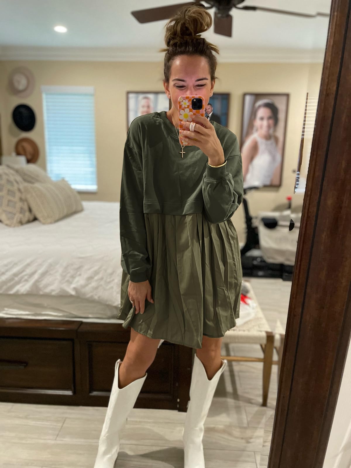 Women's Oversized Patchwork Sweatshirt Dress - Long Sleeve Crew Neck Pullover Mini Dress | Flowy Loungewear for Casual Outings, Coffee Dates & Fall Layering