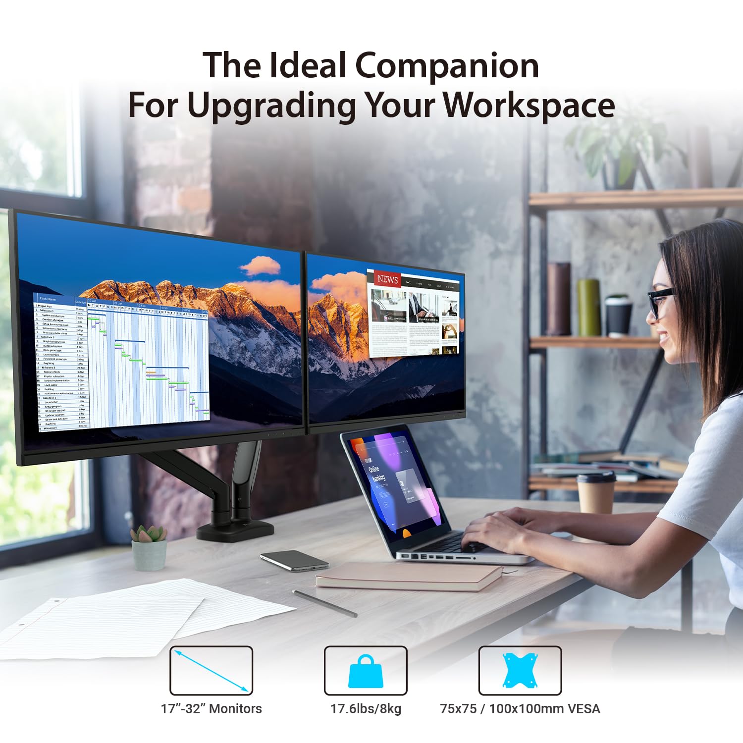 J5Create Ergonomic Dual Monitor Stand - Adjustable 2 Screen Desk Mount for 17-32 Inch Monitors with Cable Management, Clamp & Grommet Base (JTSA102) - Perfect for Home Office, Gaming Setup & Workspace Productivity