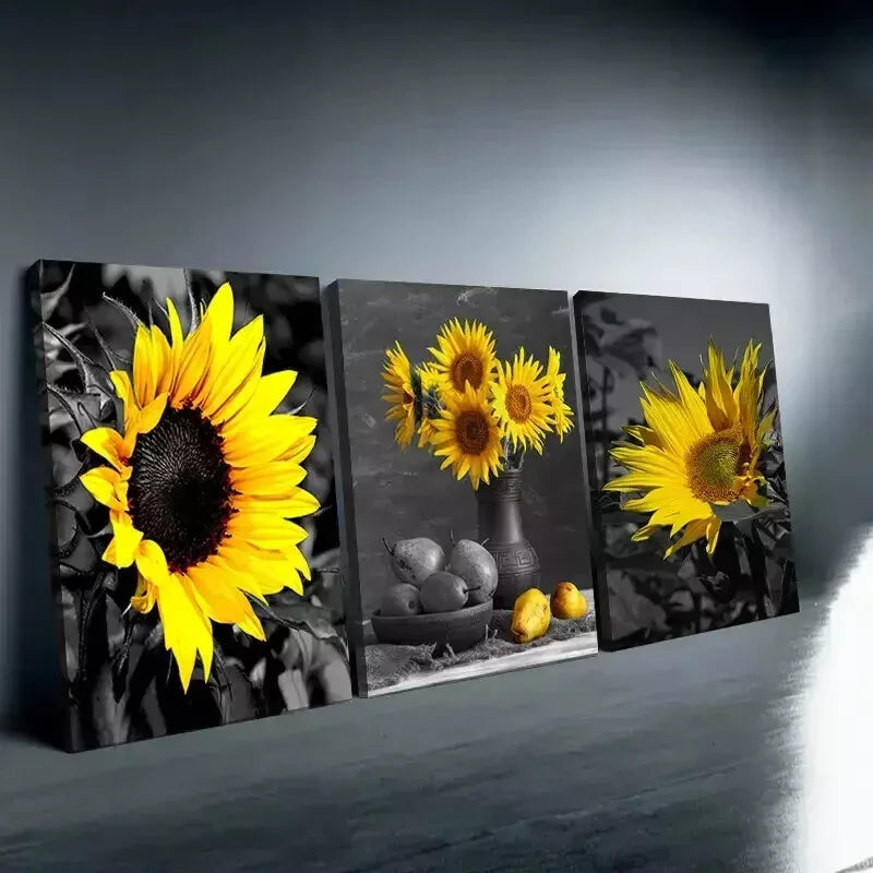 3-Piece Sunflower Wall Art Set - Black and White Canvas Framed Posters 50x70cm | High Quality Print | 100% Australian Made | Ready to Hang | Perfect for Living Room, Bedroom & Office Decor