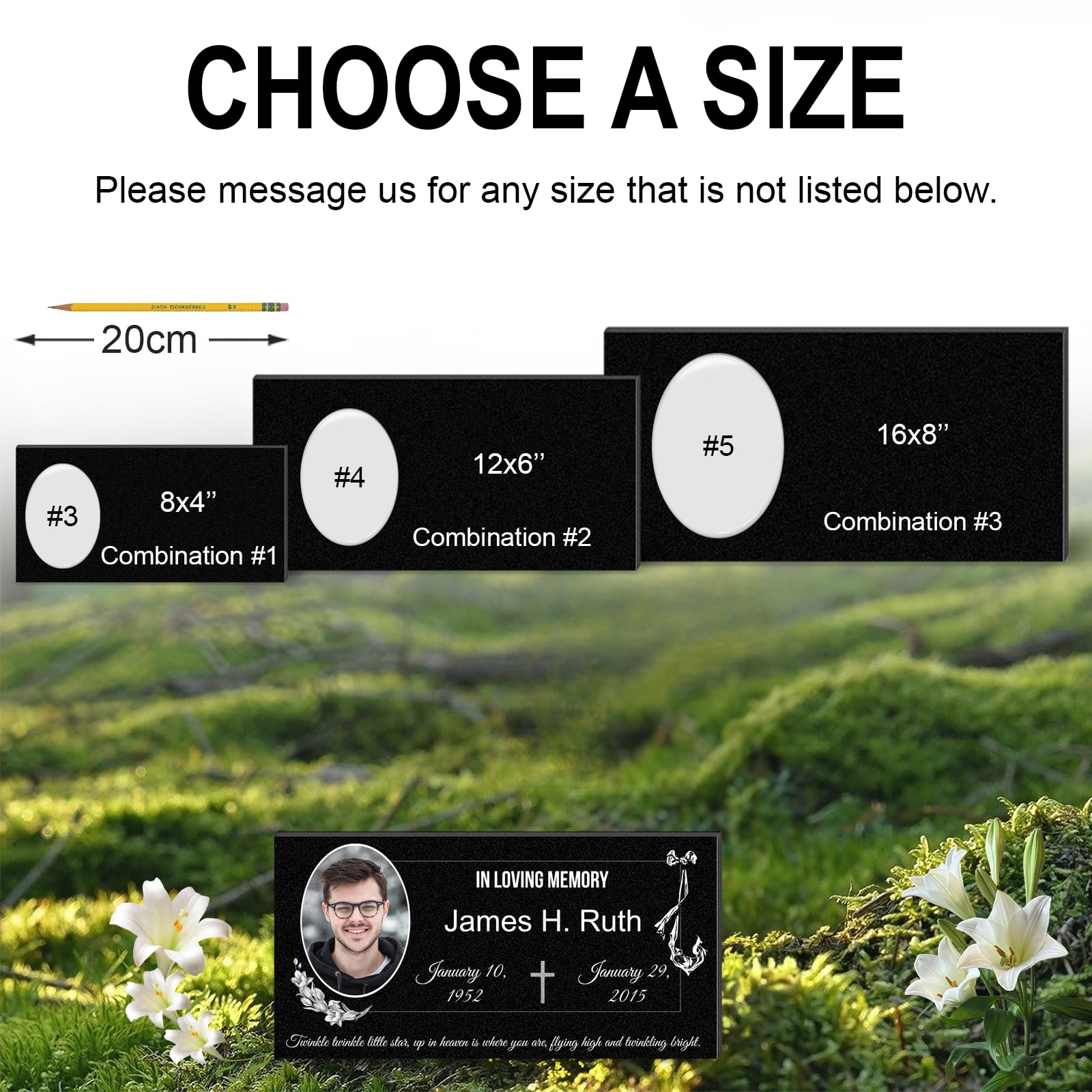 Personalized 16x8 Marble Grave Stones for Cemetery - Engraved Photo Headstone, Memorial Plaque & Tombstone with Stand - Perfect for Honoring Loved Ones in Gardens & Memorial Sites
