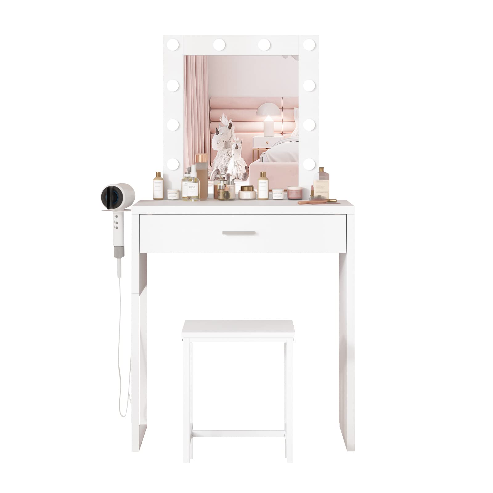 White Makeup Vanity Desk with LED Lights & Mirror - Adjustable Brightness Vanity Table & Chair Set for Girls' Bedroom | Perfect for Beauty Routine, Dressing Area & Small Space Decor
