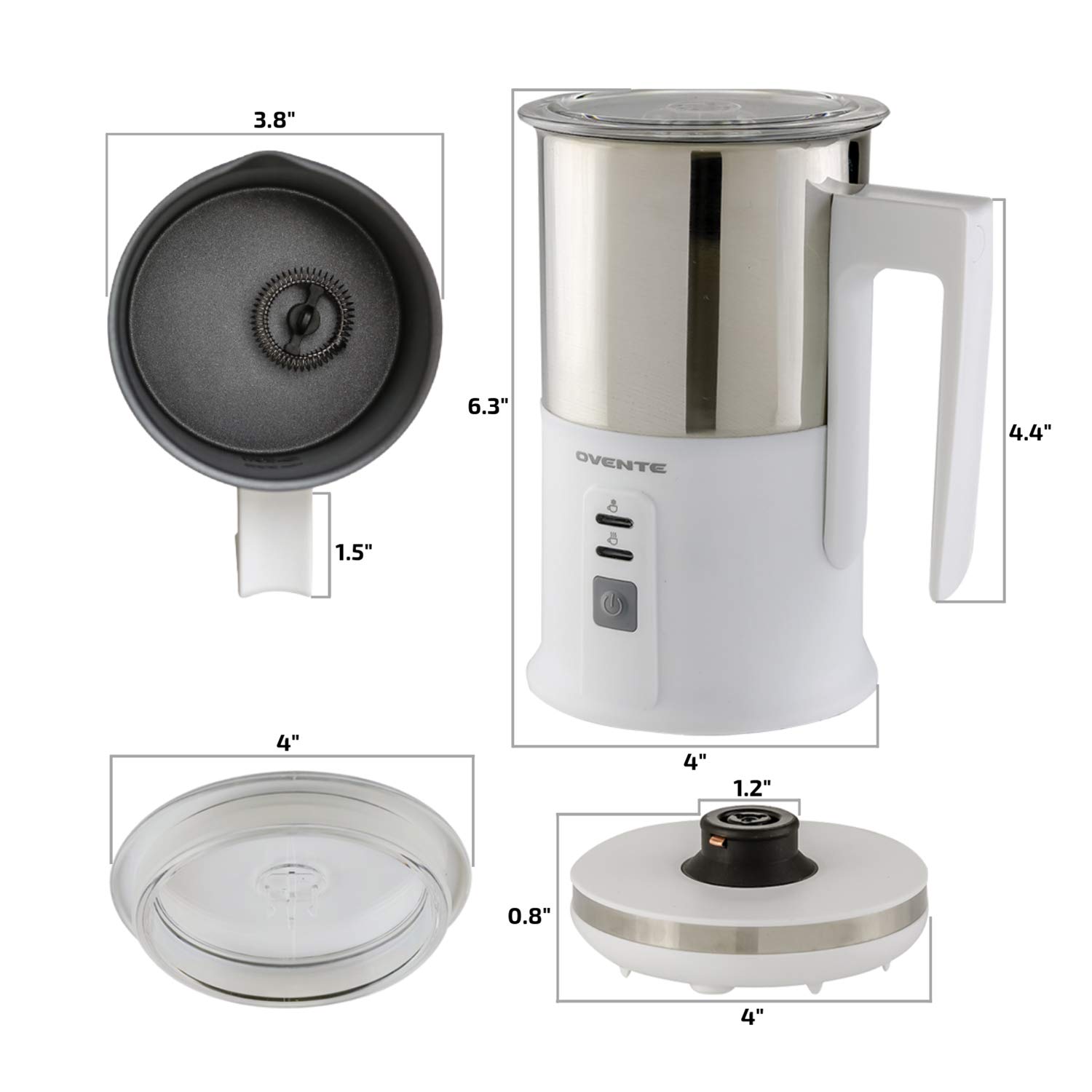 OVENTE Electric Milk Frother with Non-Stick Stainless Steel, Portable Hot & Cold Foam Maker for Coffee, Latte, Cappuccino & Hot Chocolate - Auto Shut-Off, Perfect for Home, Office & Coffee Shops (White, Model FR1208W)