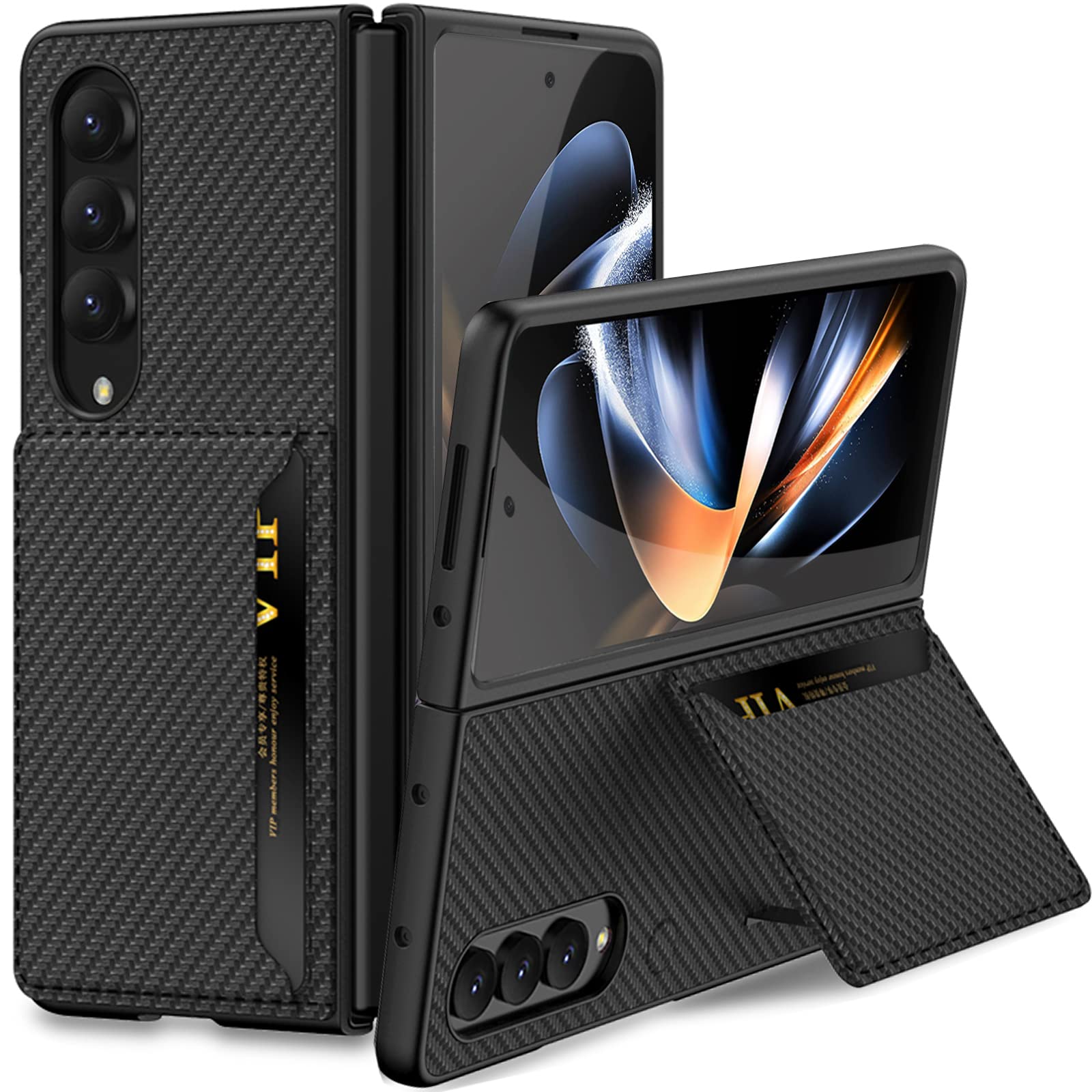 Premium Carbon Fiber Samsung Galaxy Z Fold 4 Case with Kickstand & Card Slot - Shockproof PC + PU Leather Wallet Cover for Z Fold 4 5G | Slim Protective Phone Case for Men | Perfect for Work, Travel & Daily Use