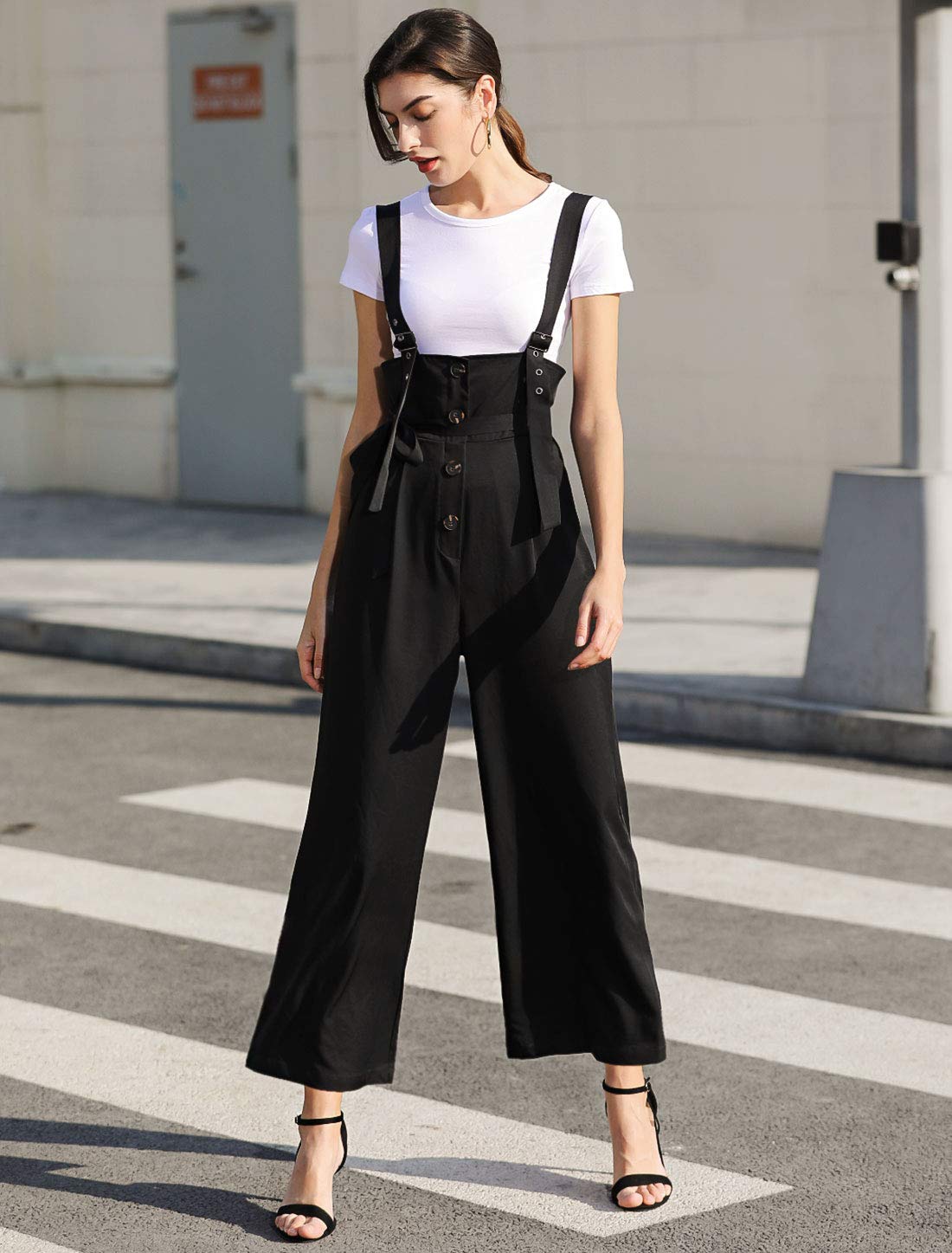 Allegra K Women's High Waist Wide Leg Belted Jumpsuit with Buttons - Casual Long Overalls for Work, Travel & Everyday Wear