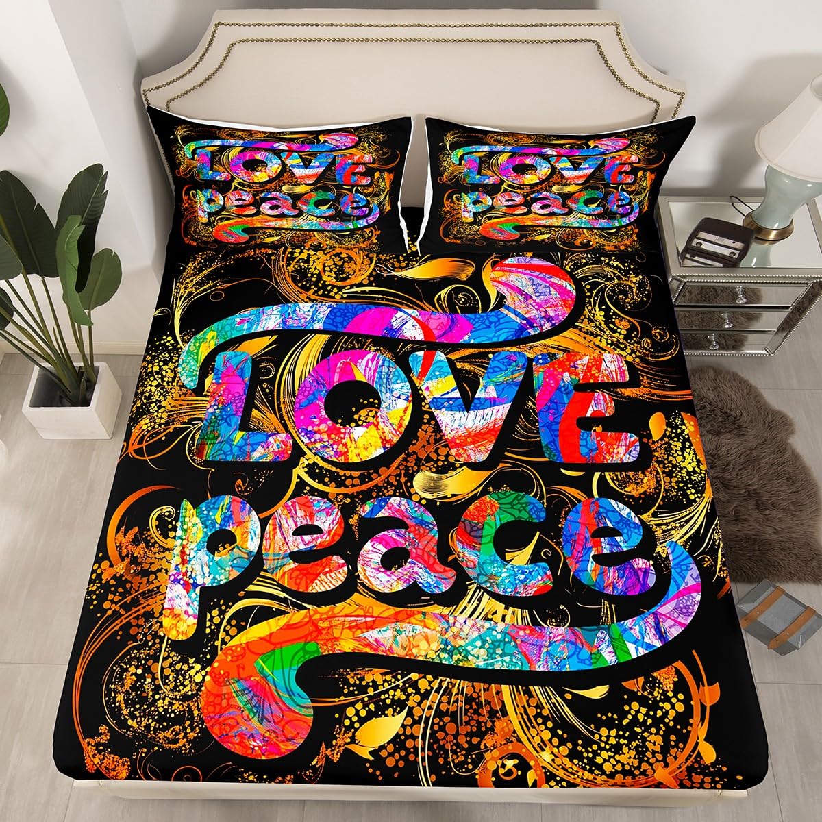 Love Peace Queen Size Bed Sheet Set - Colorful Artsy Fitted Sheet for Kids & Boys, Hippie Freedom Symbol Design, Rainbow Artwork Bed Cover - Perfect for Bohemian & Urban Art Bedroom Decor (Ideal for Kids' Rooms, Dorm Decor & Hippie-Themed Spaces)