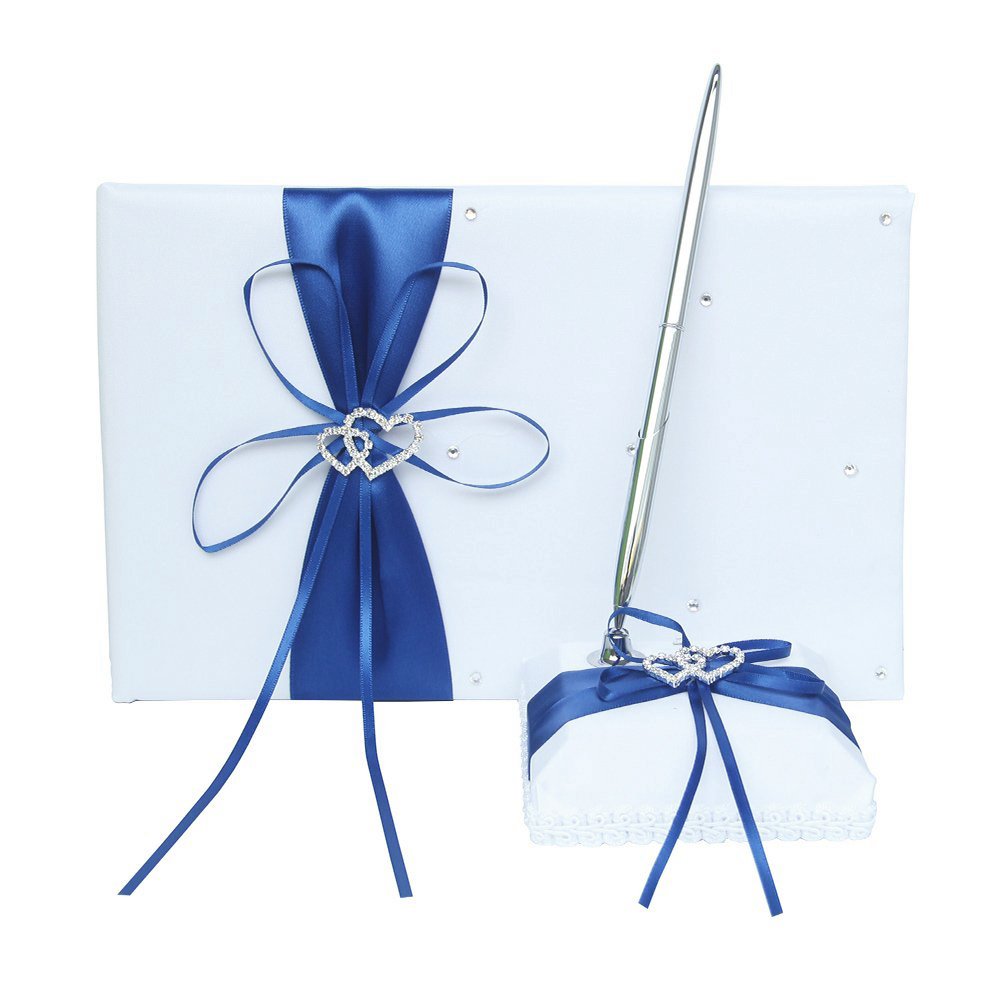 Elegant Guest Book and Pen Set with Hardcover, Satin Ribbon Bow & Rhinestone Heart - Perfect for Rustic Weddings, Anniversary Parties & Special Events (Dark Blue, 72 Pages)