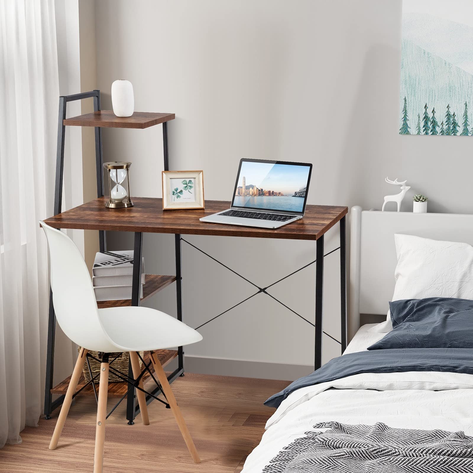 Powerstone Wooden Gaming & Study Desk with Storage Shelves - Home Office, Student & Teacher Writing Table - Perfect for College Dorm, Gaming Setup & Workspace Organization (Brown)