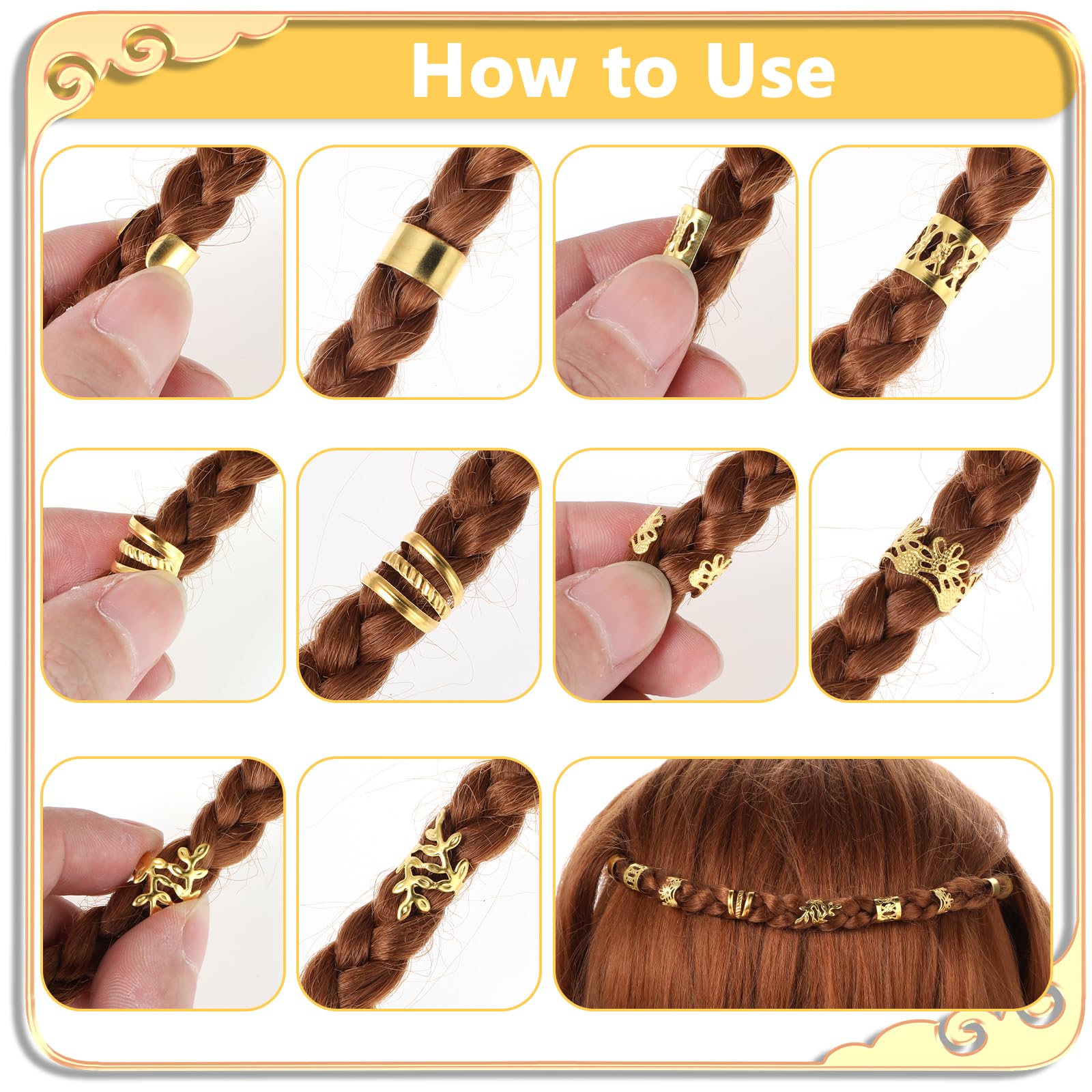 50pcs Gold Hair Jewelry for Braids - Adjustable Hair Rings, Cuffs & Charms for Dreadlocks - Hair Beads Decorations for Men & Women - Perfect for Parties, Weddings & Everyday Styling