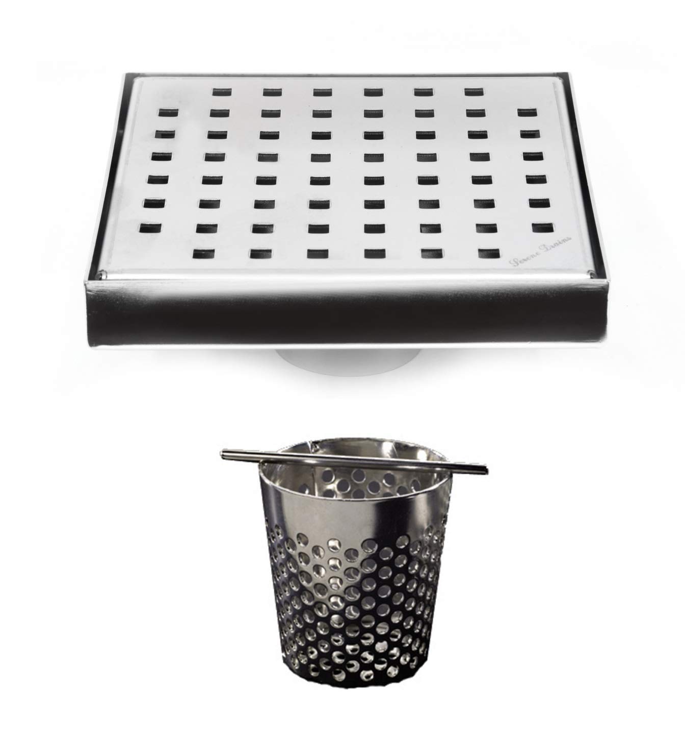 Polished Chrome 6 Inch Square Shower Drain with Hair Trap - Stainless Steel Luxury Shower Drain Bundle by SereneDrains (Traditional Design) - Perfect for Modern Bathrooms & Spa Showers