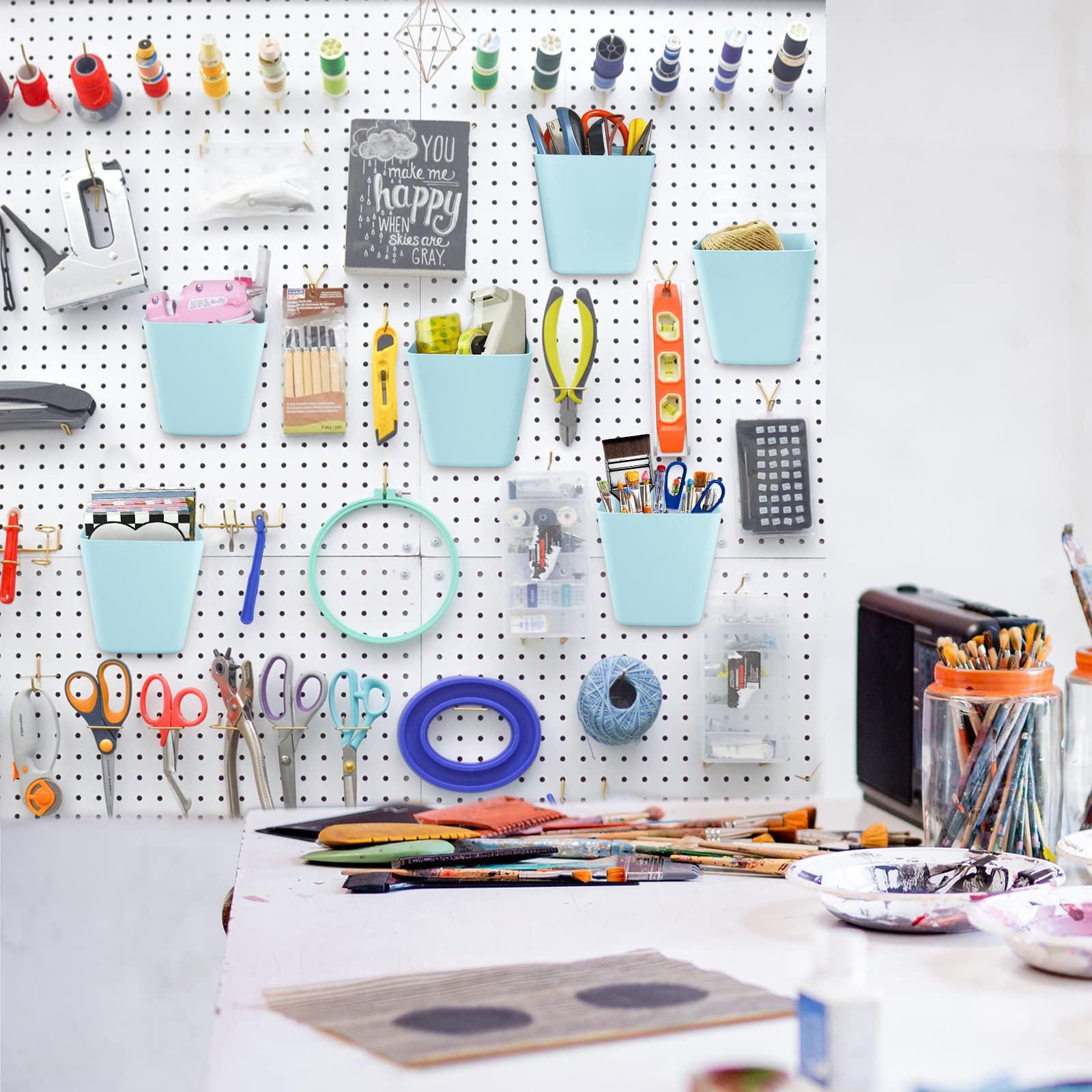 G.CORE Large Pegboard Storage Bins 6-Pack with Hooks - Square Pegboard Cup Holders for Garage, Workbench, Craft Room, Office, Playroom & Kitchen Organization (Blue) - Perfect for Tools, Craft Supplies, Office Essentials & Kids' Toys Storage