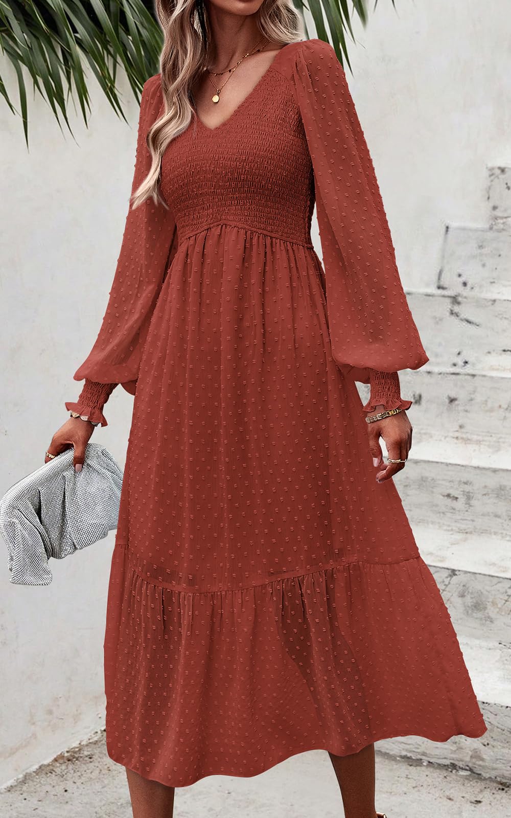 PRETTYGARDEN Women's Spring Dresses 2025 - Long Sleeve V Neck Swiss Dot Chiffon Dress with Empire Waist & Ruffle Details | Elegant Midi Dress for Wedding Guest, Party, Date Night & Office Wear