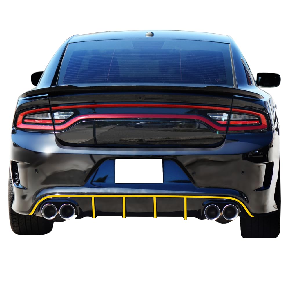 IKON MOTORSPORTS Front Bumper Lip Spoiler & Rear Diffuser for 2015-2023 Dodge Charger SRT | Quad Exhaust Design with Yellow Reflective Tape | Aggressive Styling Upgrade for Street & Track Performance