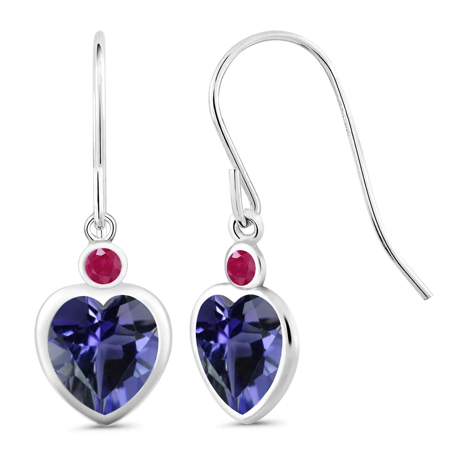 Gem Stone King 925 Sterling Silver Blue Iolite & Red Ruby Heart-Shaped Dangle Earrings for Women - 2.81 CTTW Gemstone Jewelry - Perfect for Valentine's Day Gifts, Anniversary Presents & Special Occasions