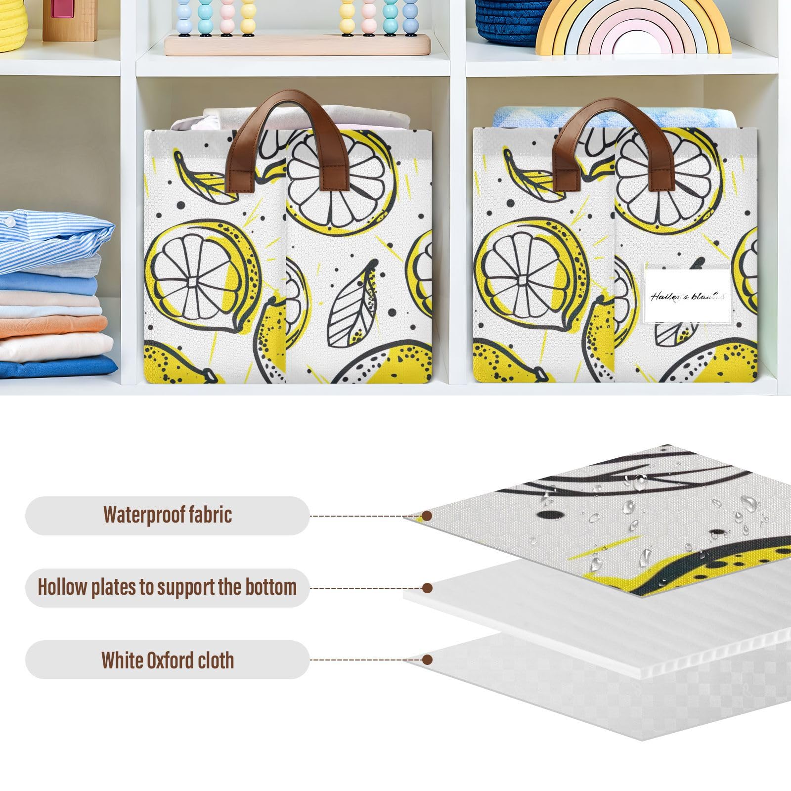 Foldable Storage Bins with Handles - 2 Pack Yellow Lemon Storage Cubes (16.9