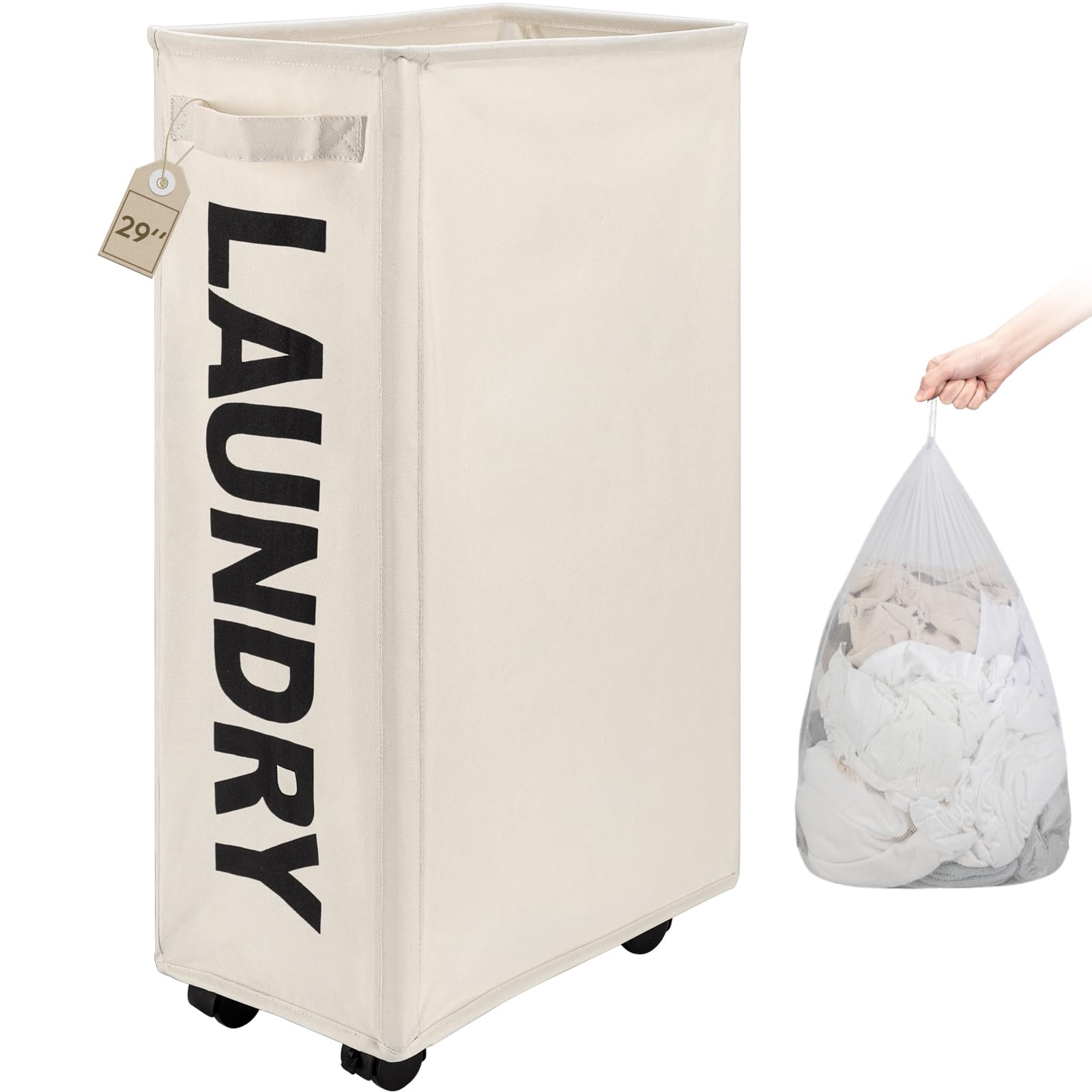 TOTANKI X-Large Slim Rolling Laundry Basket on Wheels - Foldable Laundry Hamper with Handle, Collapsible Storage Organizer for Clothes, Tall Laundry Sorter Bin (29 Inch, Beige) - Perfect for Bedroom, Bathroom, Dorm & Laundry Room Organization