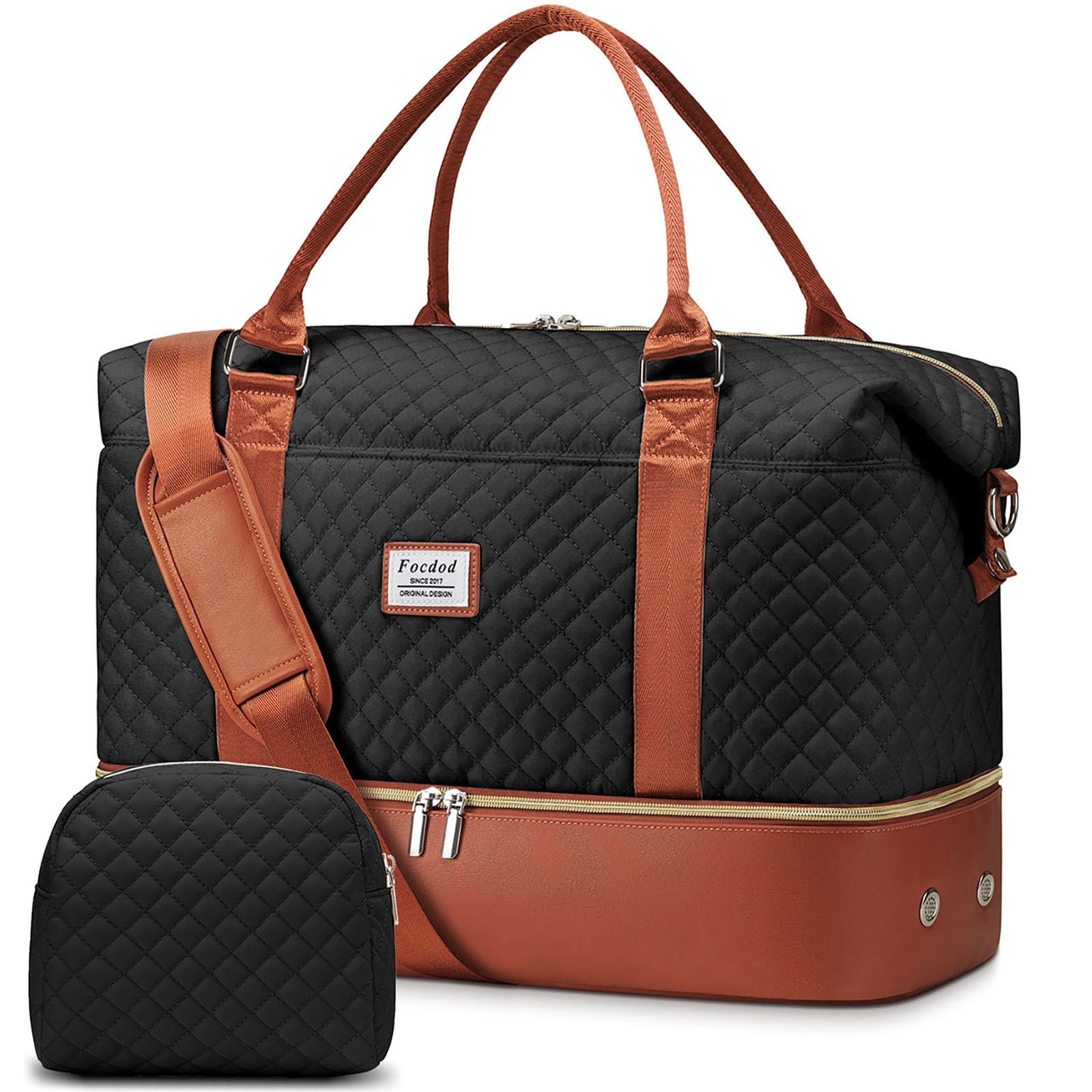 Women's Travel Weekender Duffle Bag with Shoe Compartment & Wet Pocket - Large Carry-On Overnight Bag with Toiletry Organizer - Perfect for Weekend Getaways, Hospital Visits, and Labor Delivery (Black/Brown)