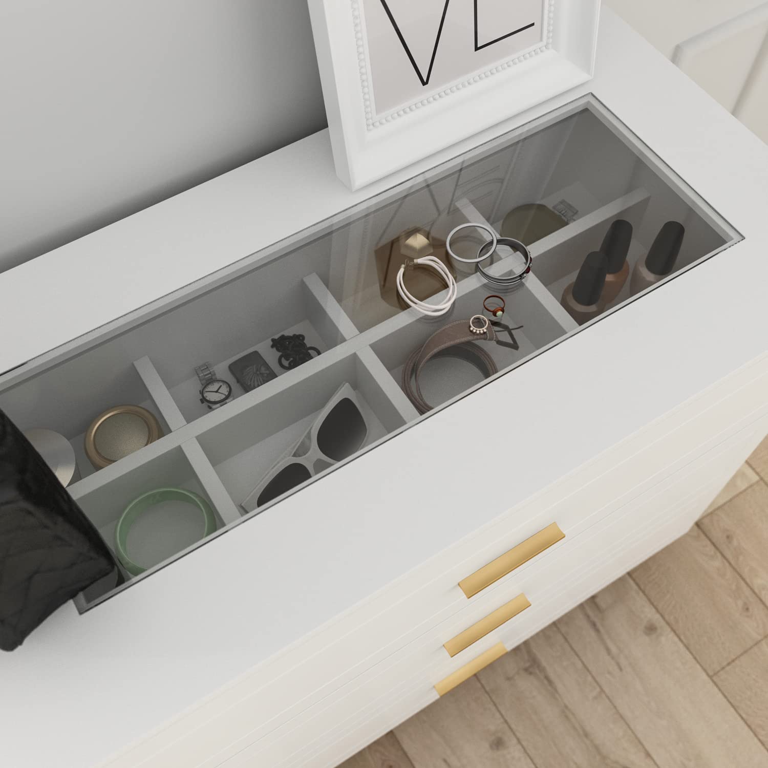 Hitow 3-Drawer Dresser with Tempered Glass Top & Jewelry Organizer Trays, Modern Chest Dresser with Drawer Dividers for Bedroom, Living Room, Closet (31.5