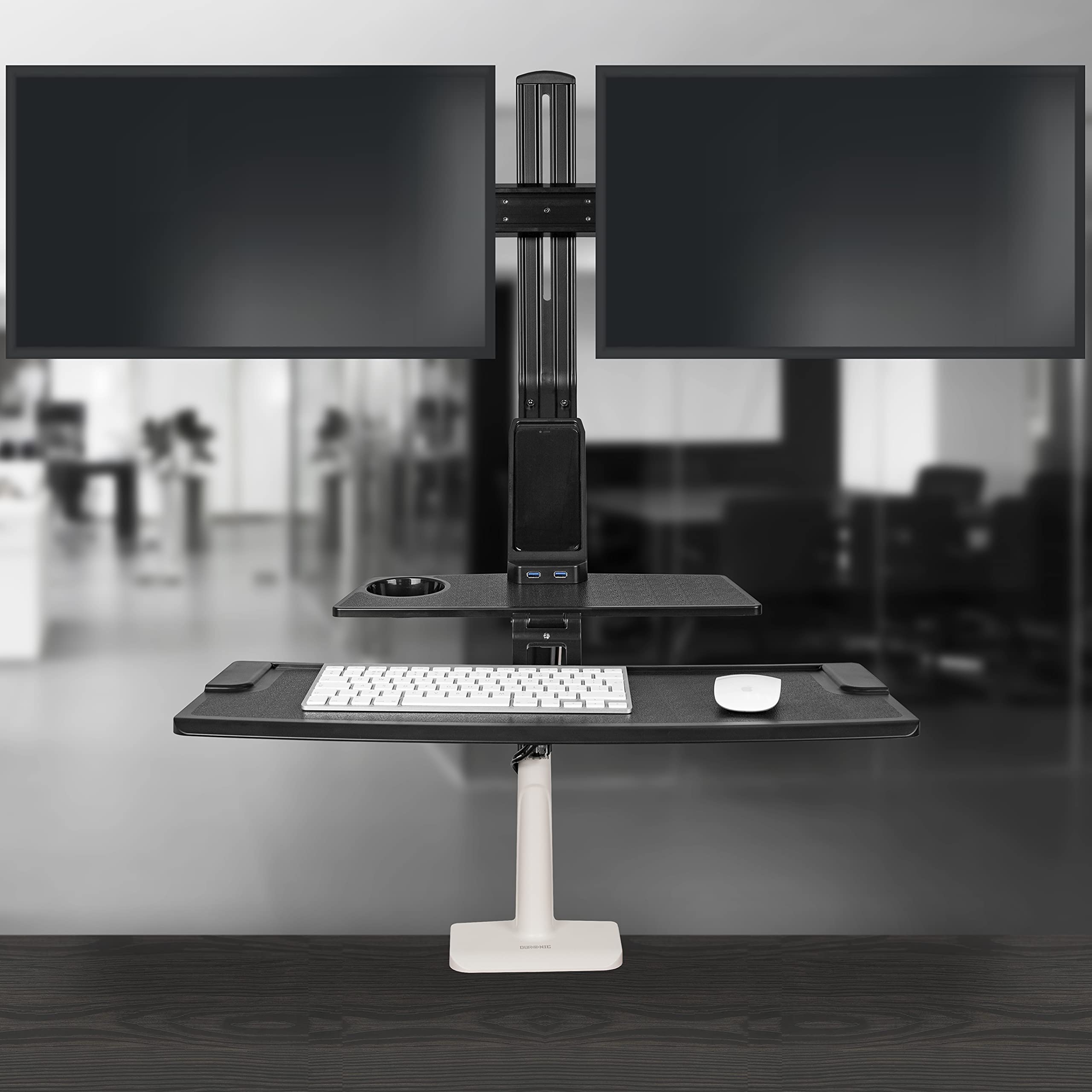 Duronic DM1K1X2 Dual Monitor Stand - Adjustable Height Gas Spring Arm with Keyboard Tray | Wall Mountable Sit-Stand Desk Converter for 2 LCD/LED Screens | Ergonomic Workstation Solution for Home Office & Gaming Setup