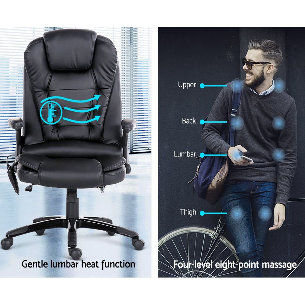 Artiss 8-Point Massage Office Chair - Ergonomic PU Leather Executive Chair with Lumbar Support - Black - Perfect for Home Office, Gaming & Workspace Comfort