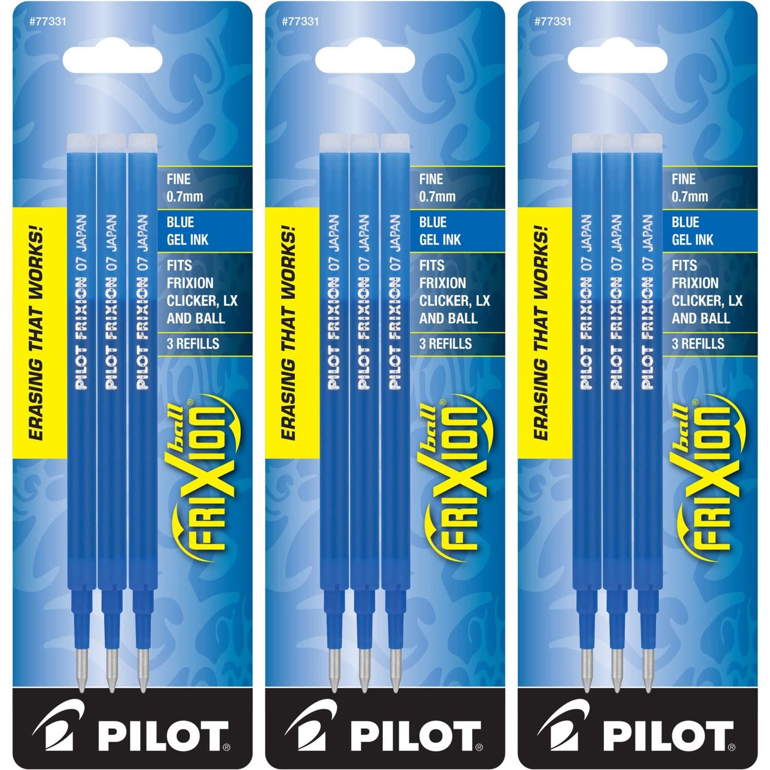 Pilot FriXion Erasable Gel Pen Refills - Fine Point 0.7mm Blue Ink - 3 Pack (9 Refills Total) - Perfect for Note Taking, School Work & Office Use