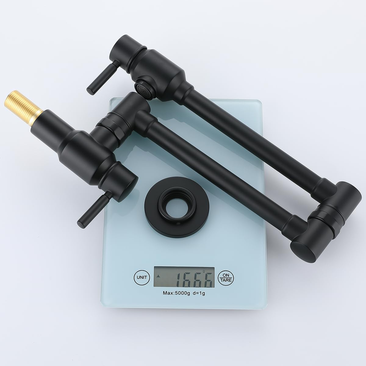 Premium Black Brass Wall-Mounted Pot Filler Faucet with Double Joint Swing Arm - NSF Certified Lead-Free (Model RD-81916-MB) - Ideal for Kitchen Sink, Stove Area & Modern Cooking Spaces