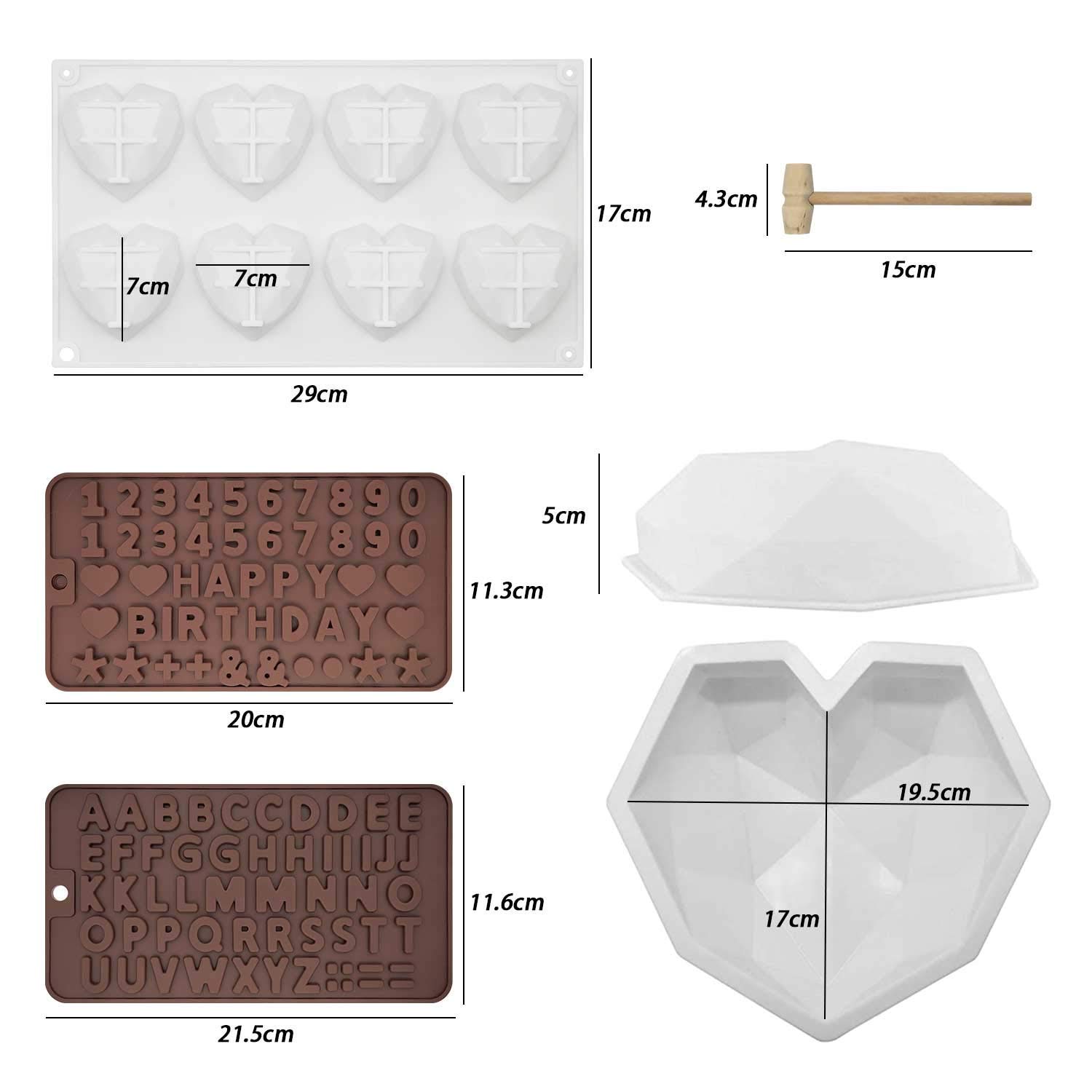 Premium Silicone Chocolate Molds Set - Diamond Heart Shaped Mousse Cake Trays, Letter & Number Molds for Valentine's Day Candy Making | Perfect for DIY Desserts, Baking, Party Favors & Gift Giving