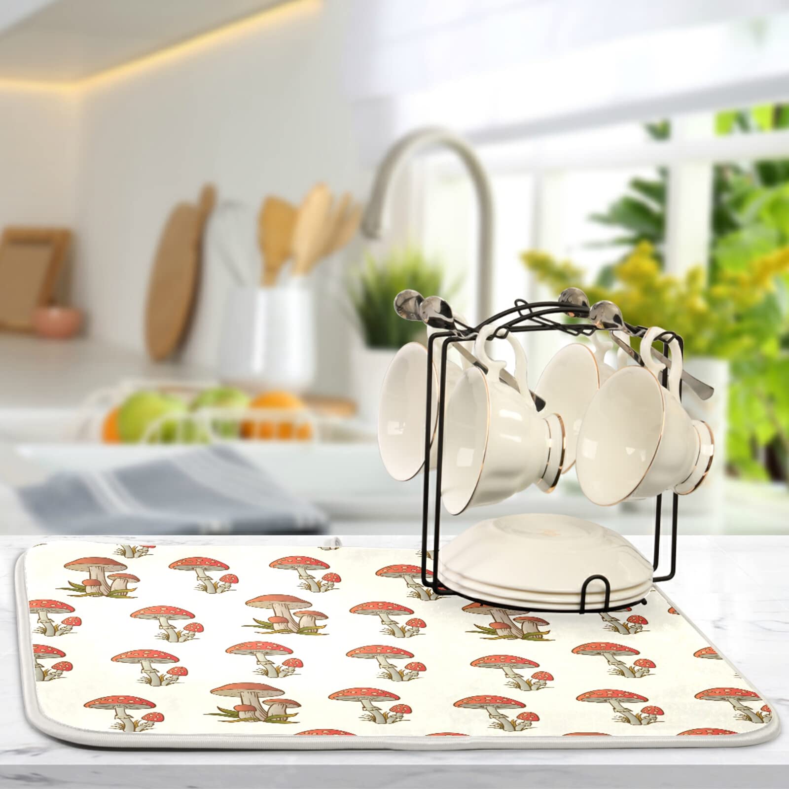 Amanita Red Mushroom Dish Drying Mat 18x24in - Absorbent Kitchen Counter Mat for Coffee Maker & Dishes