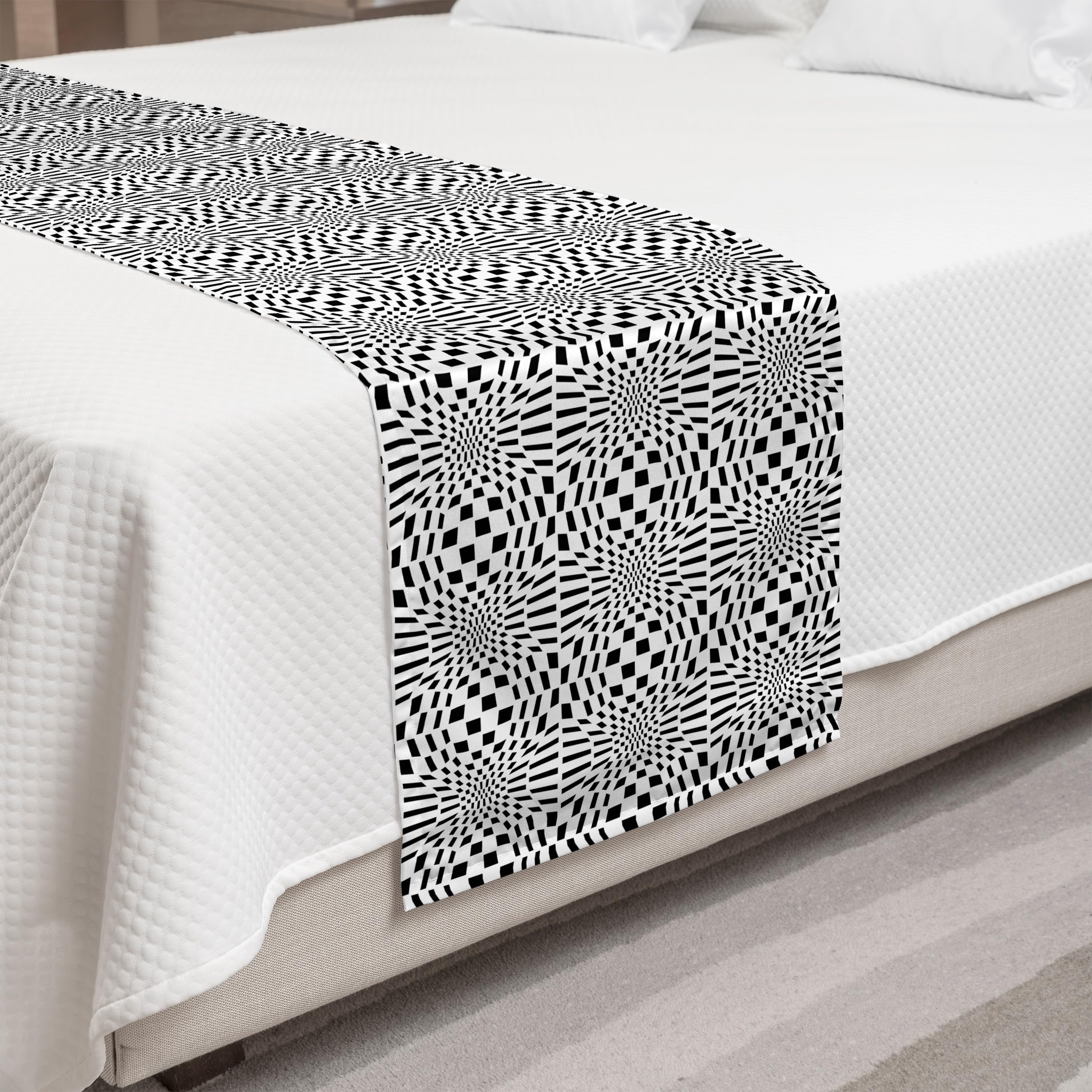 Ambesonne Crazy Art Bed Runner - Quirky Squares Optical Illusion Design, Decorative Bed Scarf for Queen & King Beds - Charcoal Grey & White - Perfect for Hotels, Homes & Guest Rooms - Adds Stylish Accent to Bedroom Decor