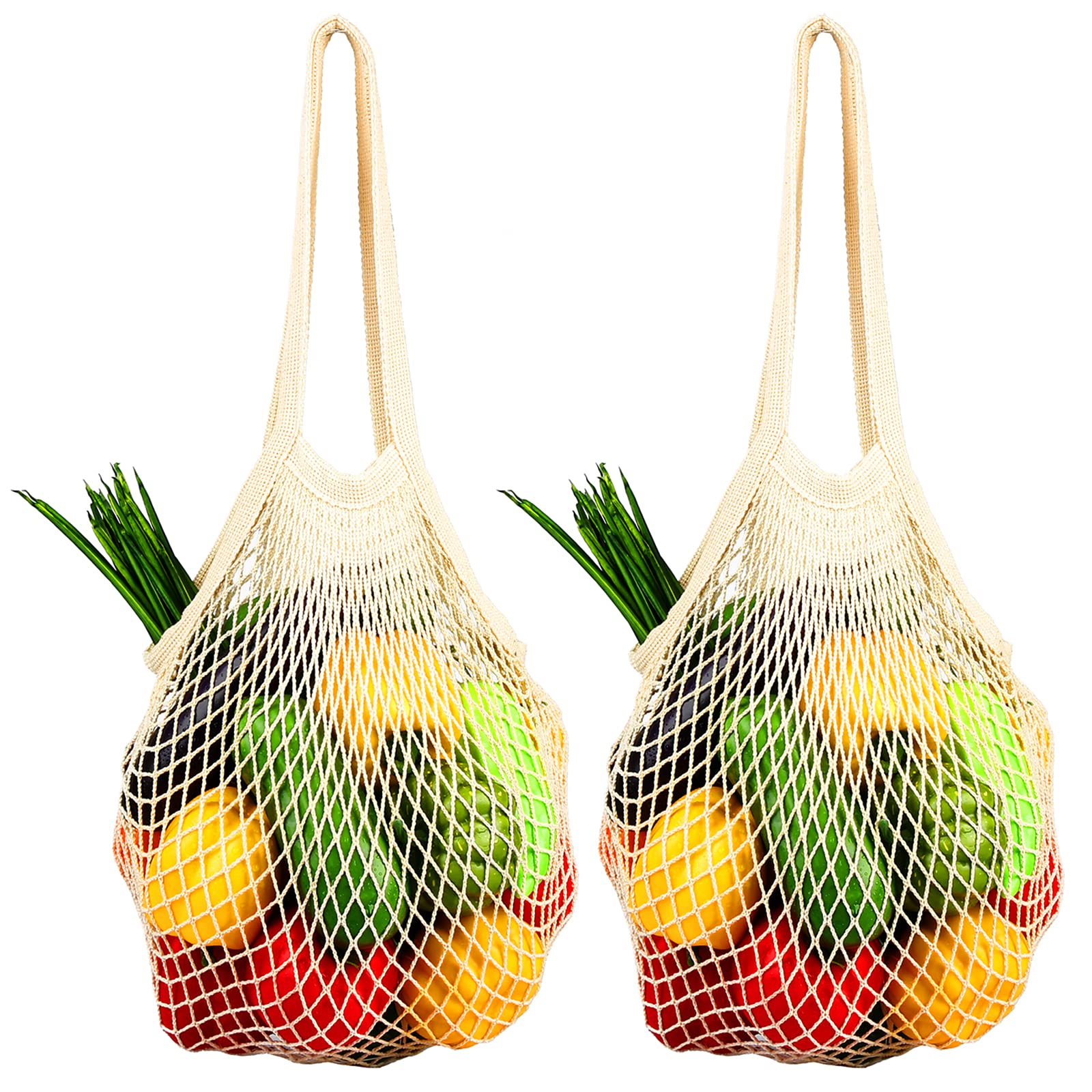 2 Pack Premium Mesh Grocery Bags - Reusable Cotton Produce Bags with Long Handles for Fruits & Vegetables | Washable & Durable Eco-Friendly Shopping Totes | Perfect for Farmers Market, Grocery Store & Zero Waste Lifestyle