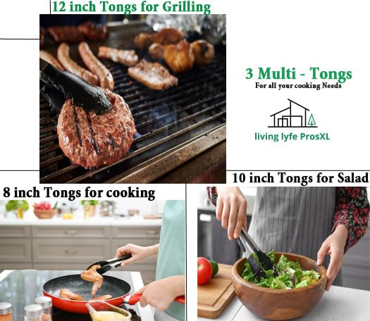 Premium Silicone Kitchen Tongs - 12 Inch Heat Resistant Cooking Tongs (Set of 4, Black) - Perfect for Grilling, BBQ, Salad Serving & Non-Scratch Cookware Handling