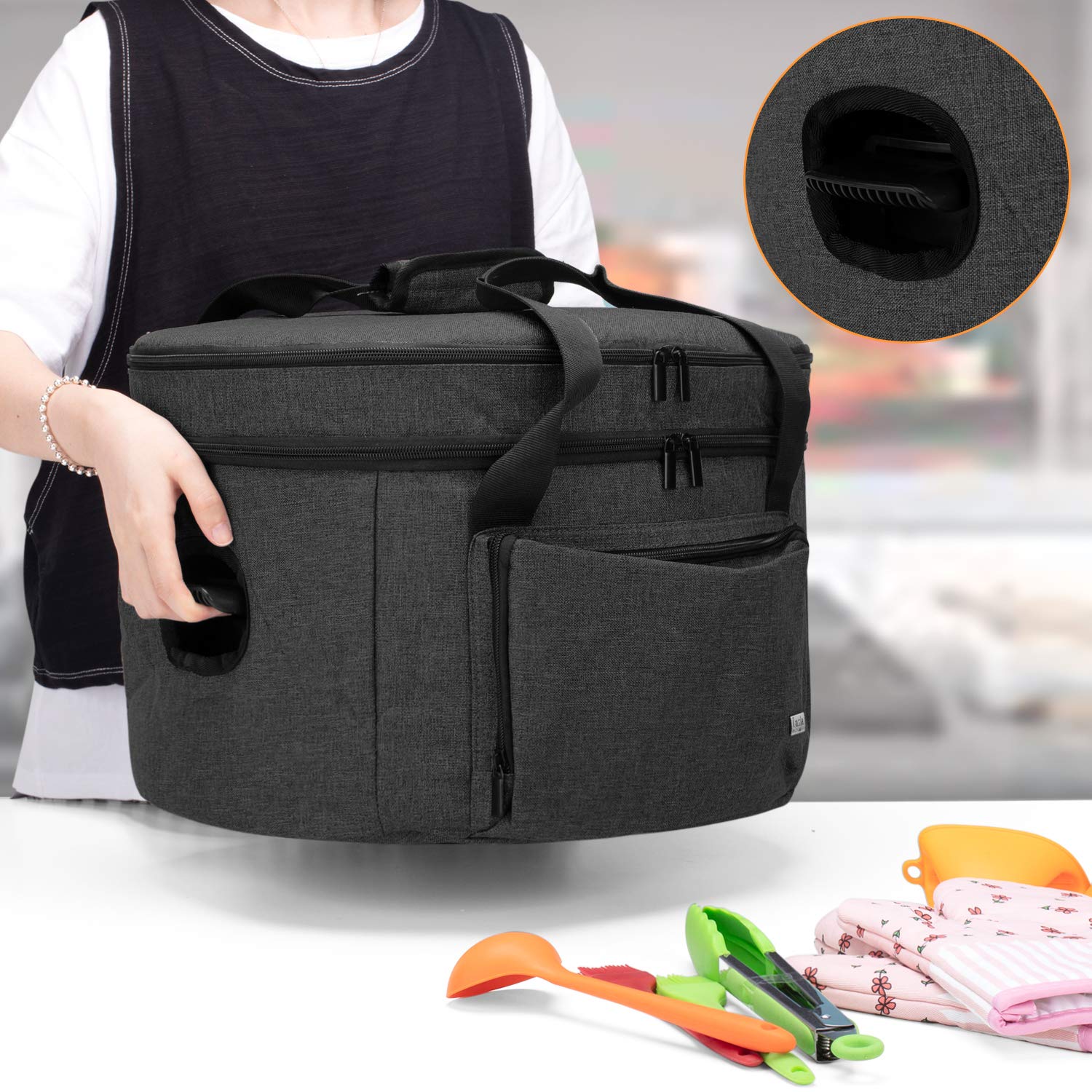 LUXJA Double Layer Insulated Slow Cooker Bag with Bottom Pad - Portable Thermal Carrier for 6-8 Quart Oval Slow Cookers (Black) - Perfect for Potlucks, Parties & Keeping Meals Warm On-the-Go
