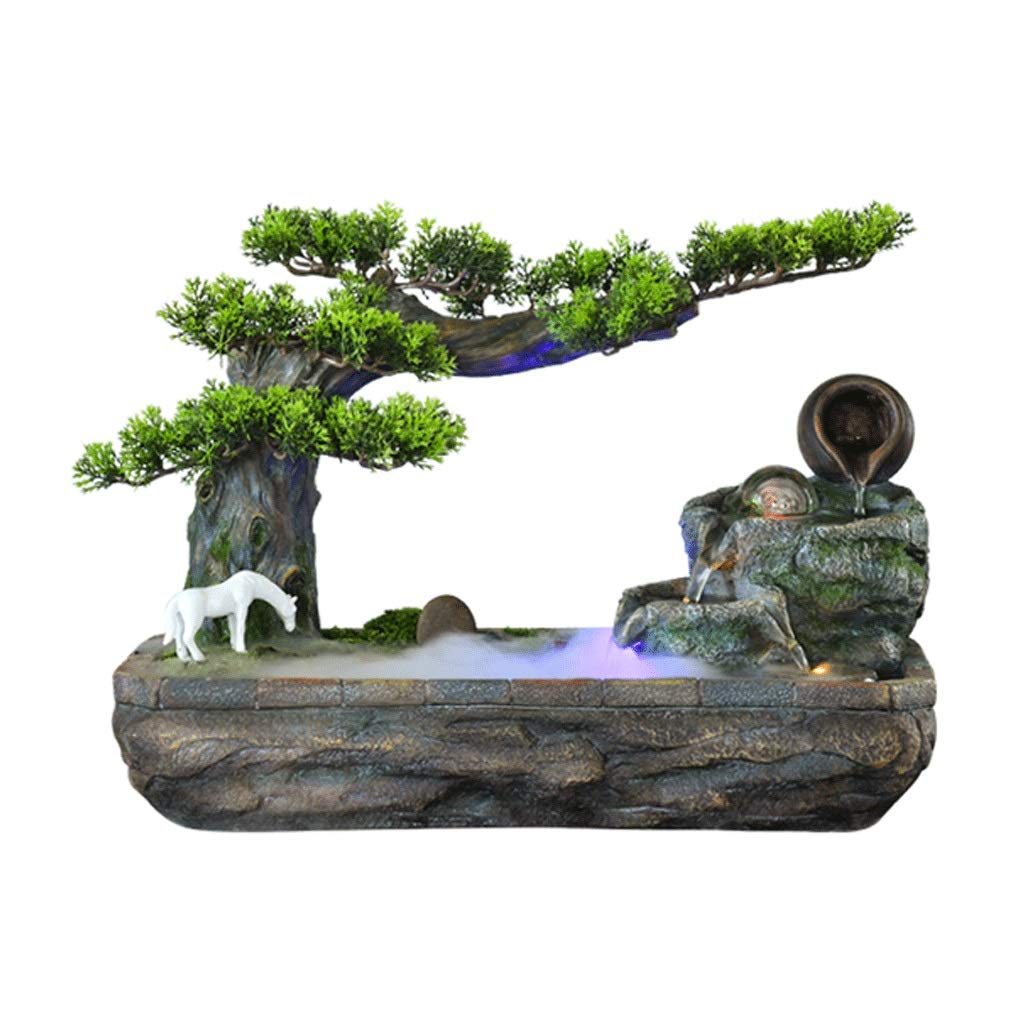 2-Tier Zen Water Fountain with Resin Pine Tree - Indoor/Outdoor Desktop Decorative Fountain with Submersible Pump | Perfect for Home Office, Meditation Room & Garden Relaxation