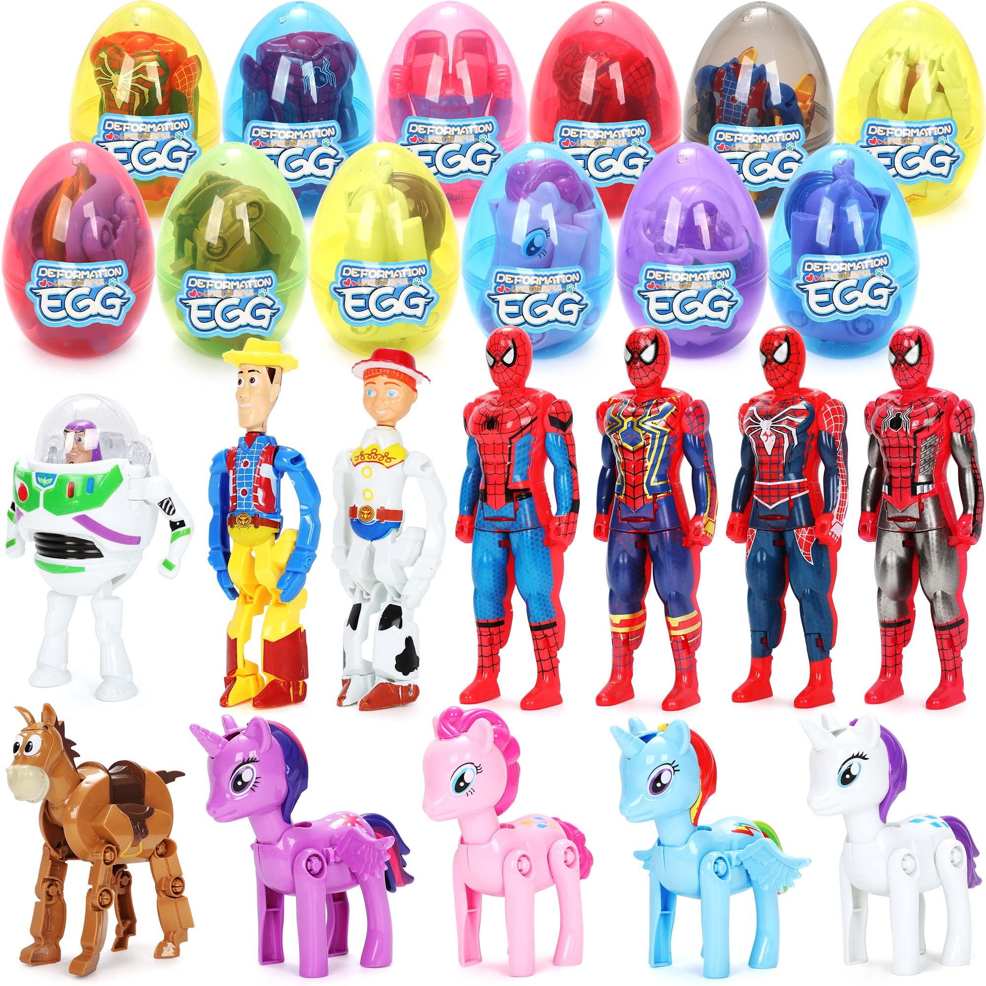 12PCS Prefilled Easter Eggs with Action Figures - Colorful Cartoon Hero & Horse Toys for Easter Egg Hunt, Classroom Prizes, Party Favors - Perfect for Kids' Easter Games & Holiday Celebrations