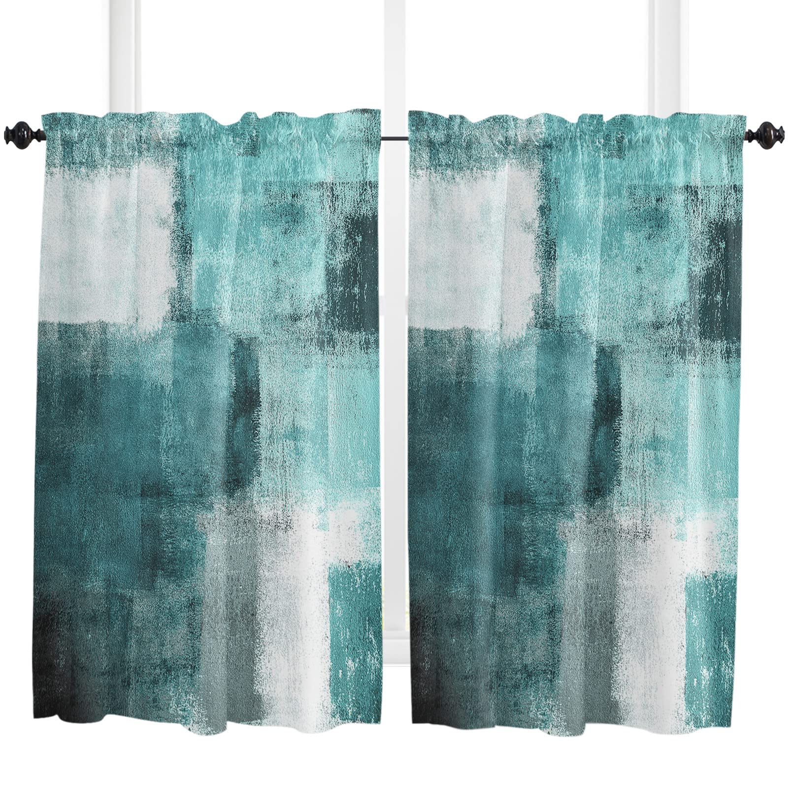 Aqua Gray White Abstract Geometric Window Curtains Set of 2 Panels - 45 Inch Length, Light Filtering Rod Pocket Curtains for Kitchen, Bathroom, Bedroom & Cafe - Modern Painting Art Design for Home & Office Decor