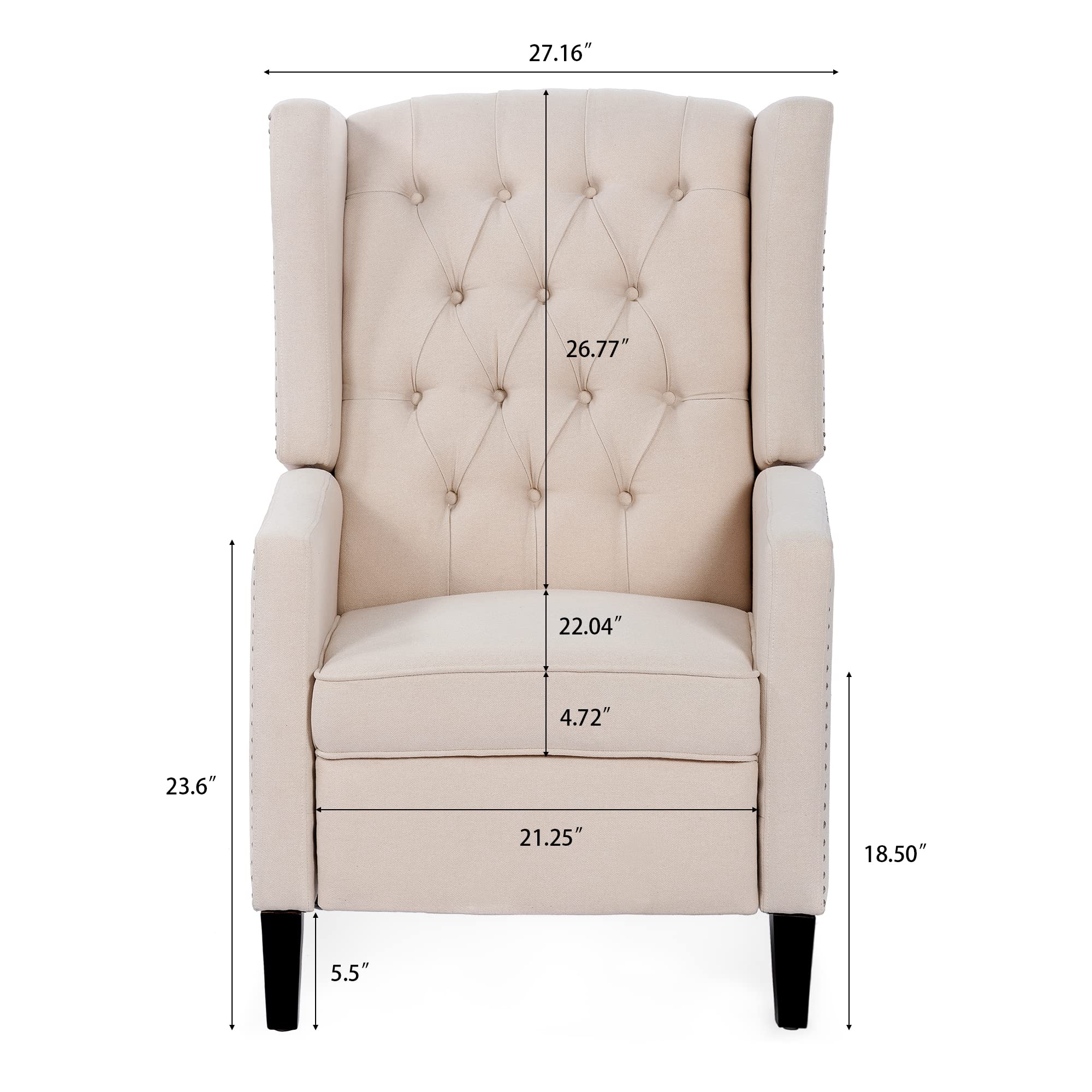 Mid-Century Modern Wingback Accent Chair with Recliner, Button Tufted Upholstery & Nailhead Trim - Padded Lounge Armchair for Living Room, Bedroom, or Office - Comfortable Single Sofa in Beige - Perfect for Relaxing, Reading, or Adding Elegant Style to Your Home Decor