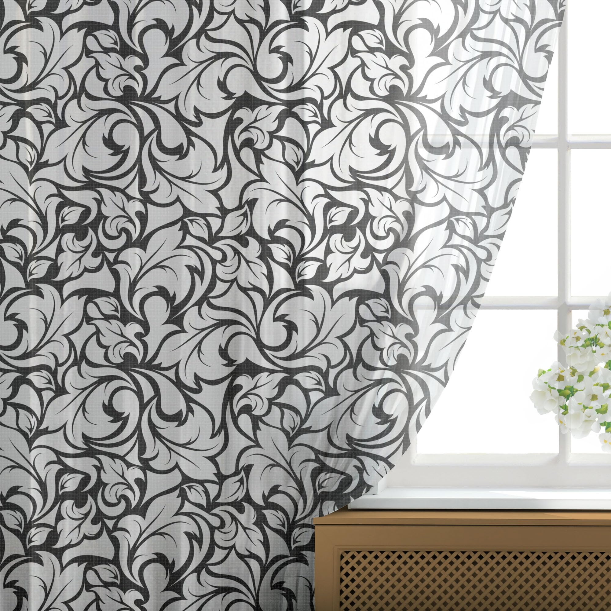 Ambesonne Floral Tulle Curtains with Rod Pocket - Monochrome Leaves Abstract Design, Sheer Drapes for Living Room & Bedroom, 108
